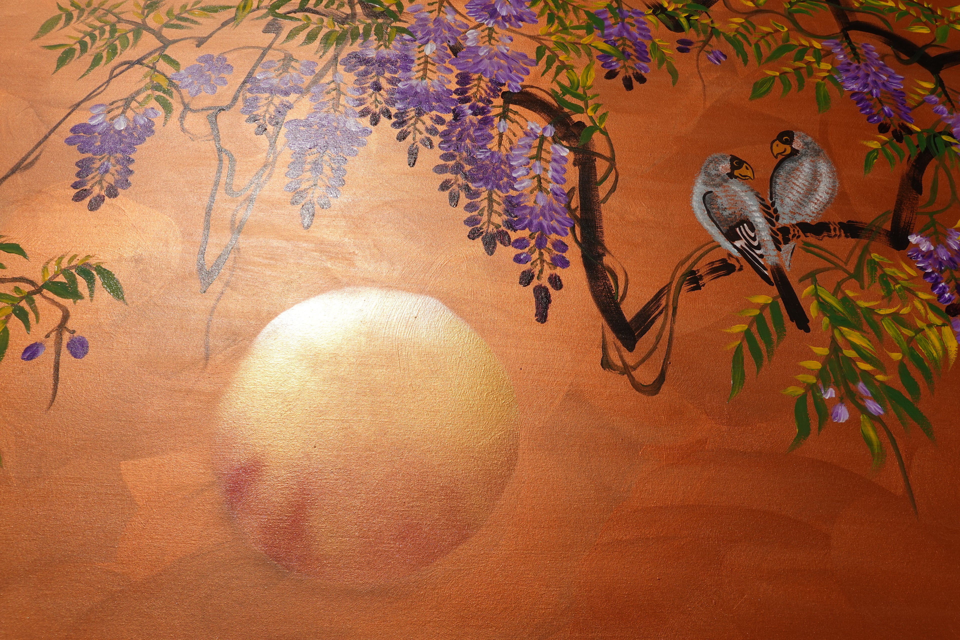 Love Birds and wisteria J443 is a large Japanese copper Original Acrylic Painting on unstretched canvas by artist Ksavera.