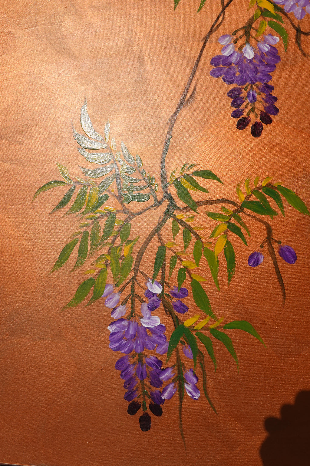 Love Birds and wisteria J443 ist ein großes japanisches Kupfer-Original-Acrylgemälde auf ungespannter Leinwand der Künstlerin Ksavera.