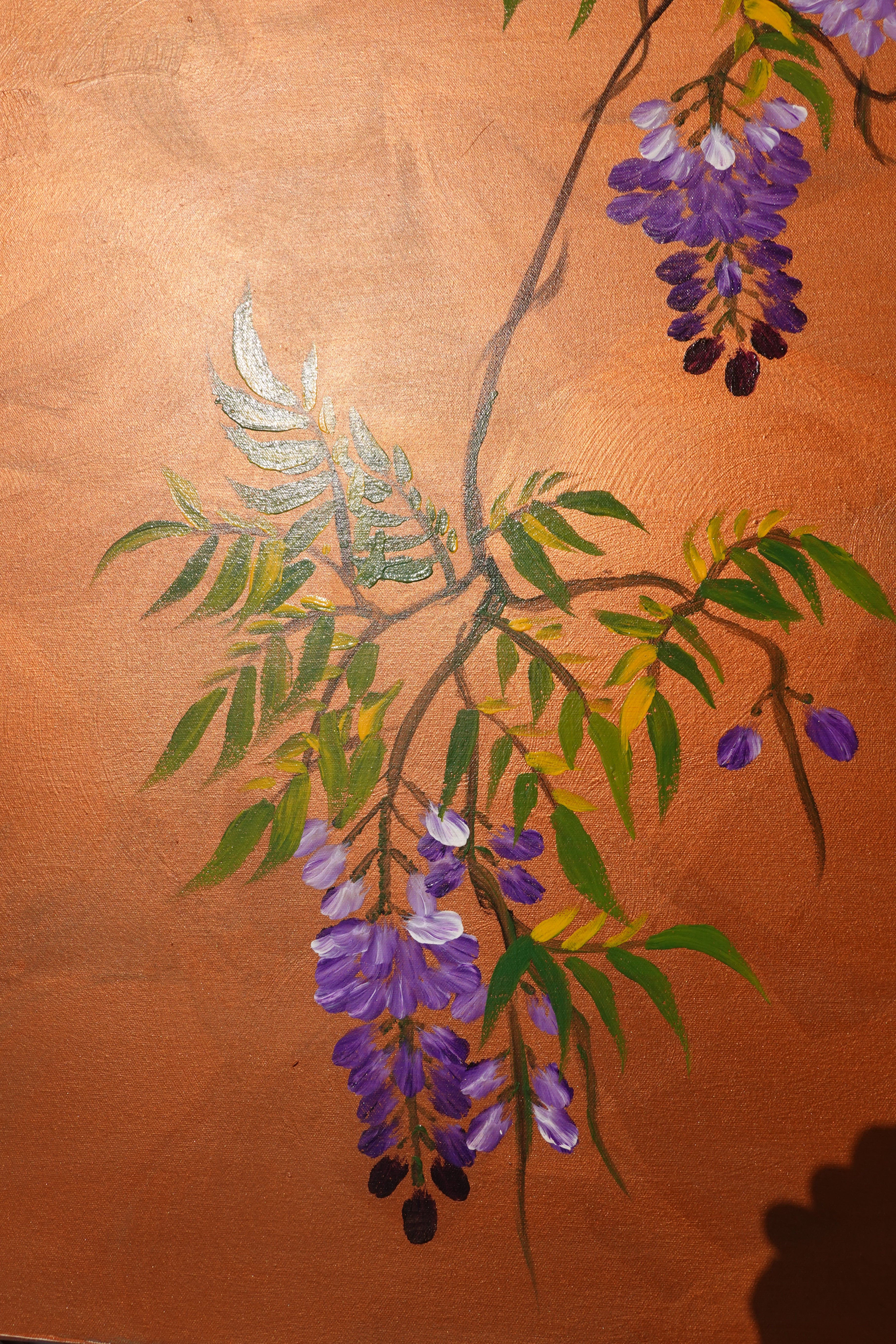 Love Birds and wisteria J443 ist ein großes japanisches Kupfer-Original-Acrylgemälde auf ungespannter Leinwand der Künstlerin Ksavera.