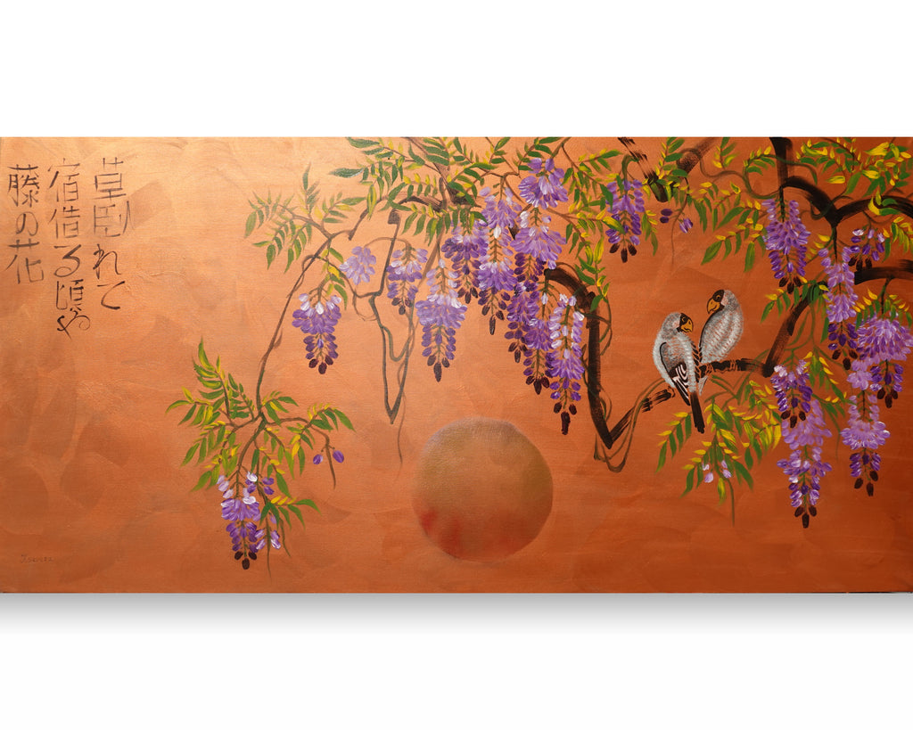Love Birds and wisteria J443 ist ein großes japanisches Kupfer-Original-Acrylgemälde auf ungespannter Leinwand der Künstlerin Ksavera.