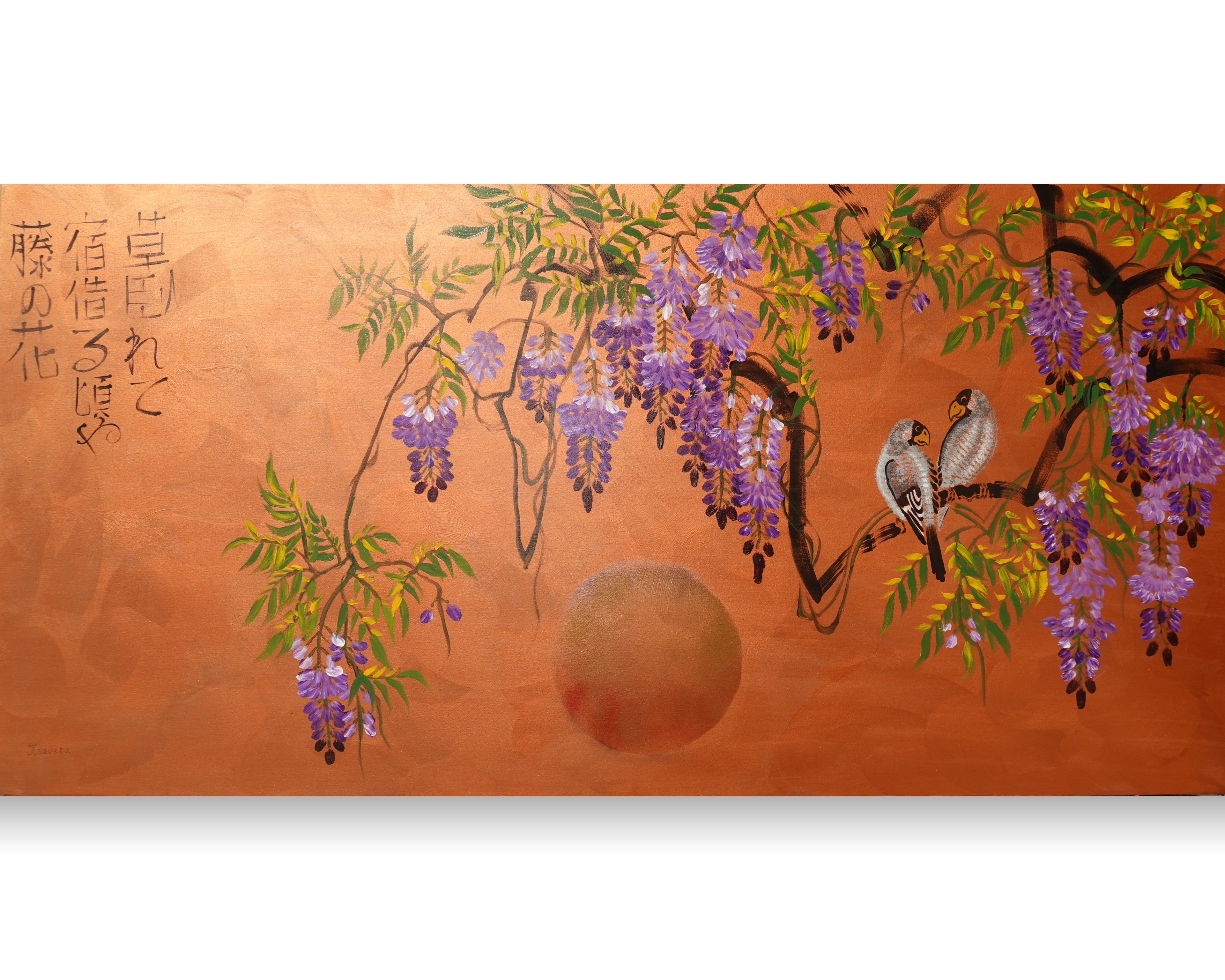 Love Birds and wisteria J443 is a large Japanese copper Original Acrylic Painting on unstretched canvas by artist Ksavera.