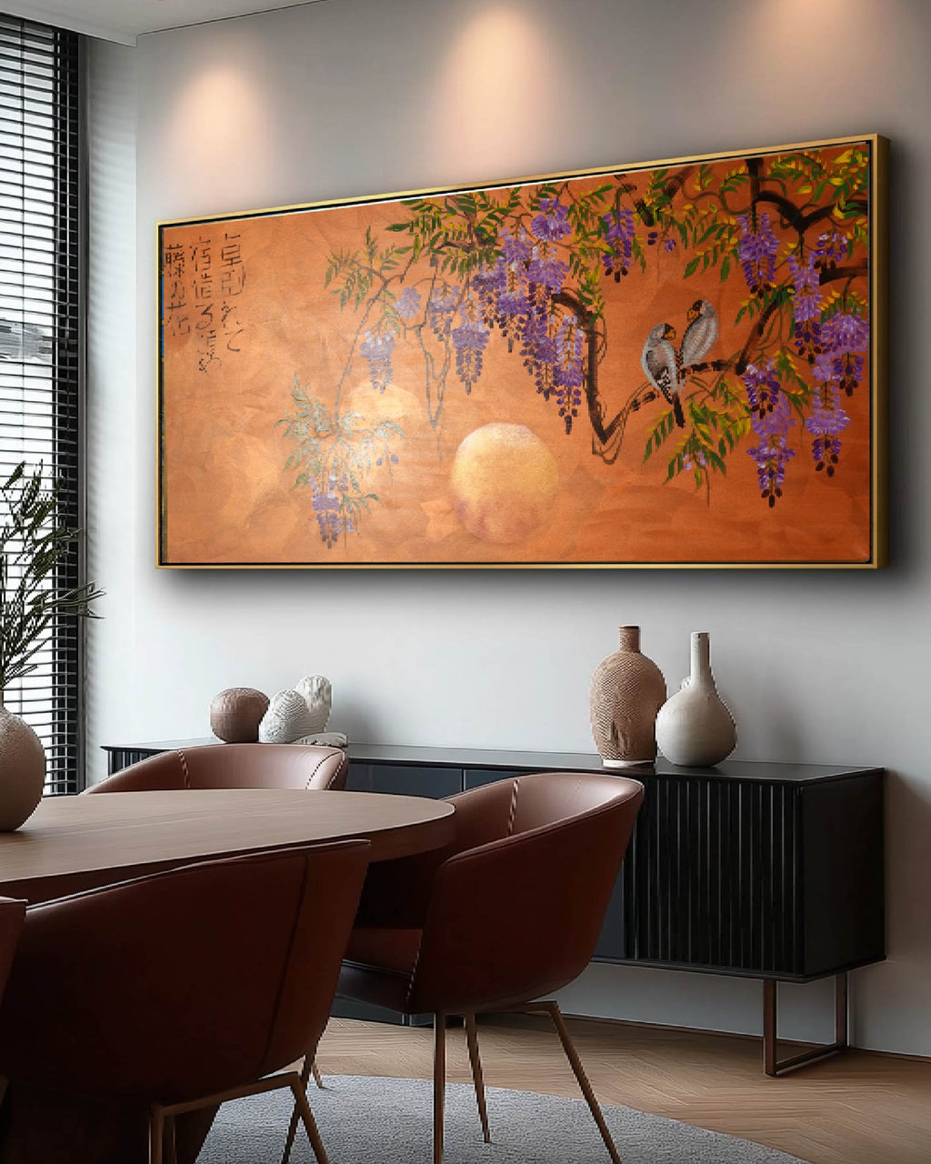 Love Birds and wisteria J443 ist ein großes japanisches Kupfer-Original-Acrylgemälde auf ungespannter Leinwand der Künstlerin Ksavera.