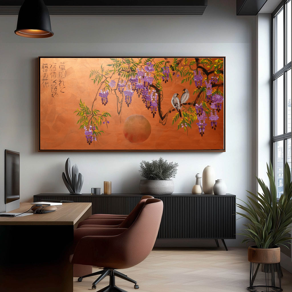 Love Birds and wisteria J443 ist ein großes japanisches Kupfer-Original-Acrylgemälde auf ungespannter Leinwand der Künstlerin Ksavera.