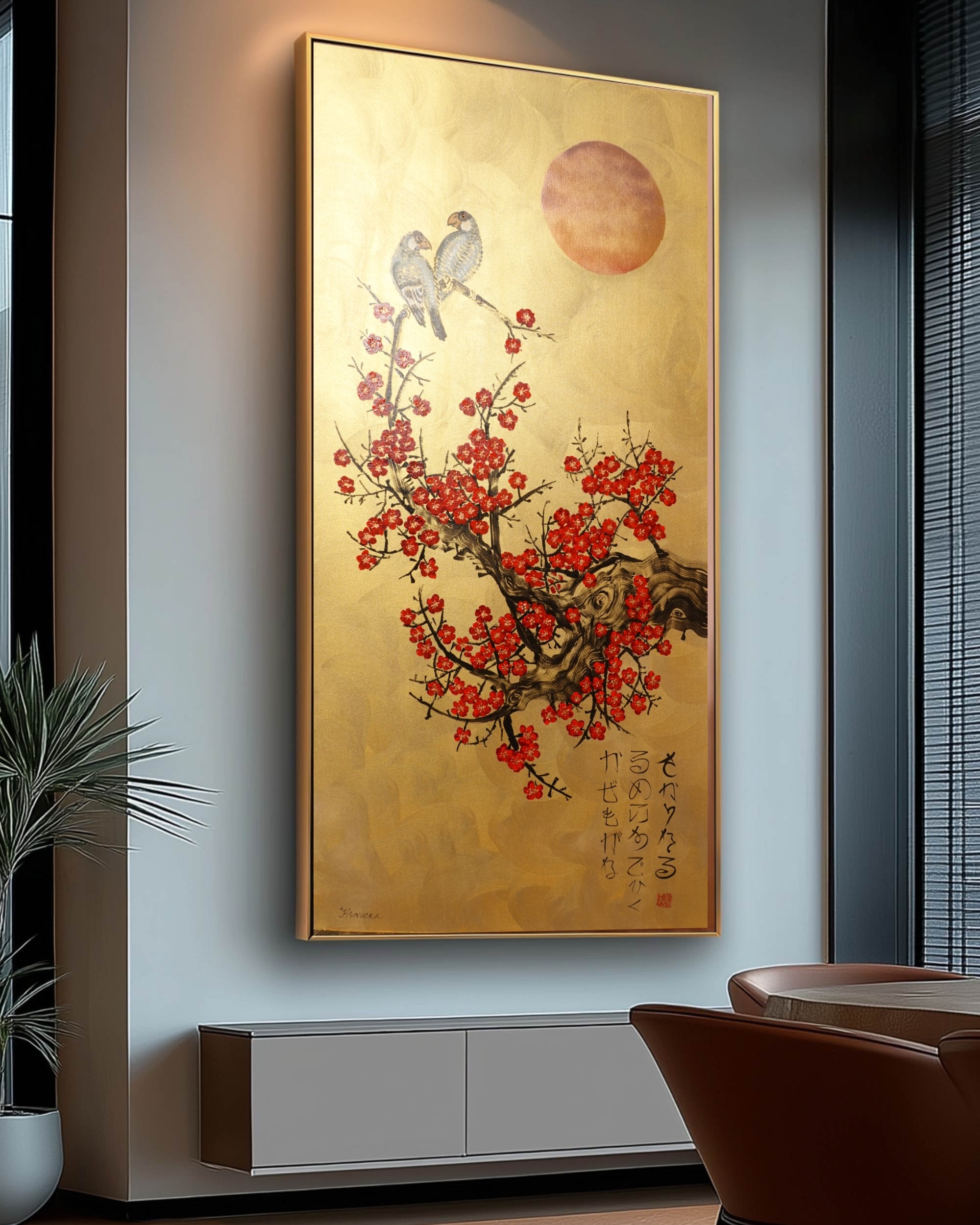 Bird and Sakura J446 is a large Japanese gold vertical Original Acrylic Painting on unstretched canvas by artist Ksavera.