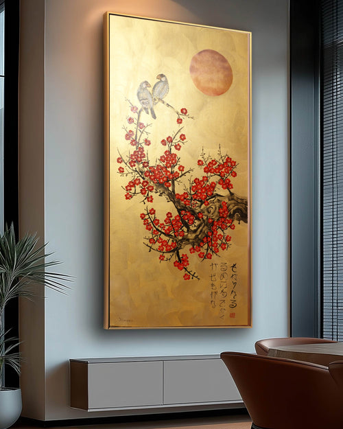 Bird and Sakura J446 is a large Japanese gold vertical Original Acrylic Painting on unstretched canvas by artist Ksavera.