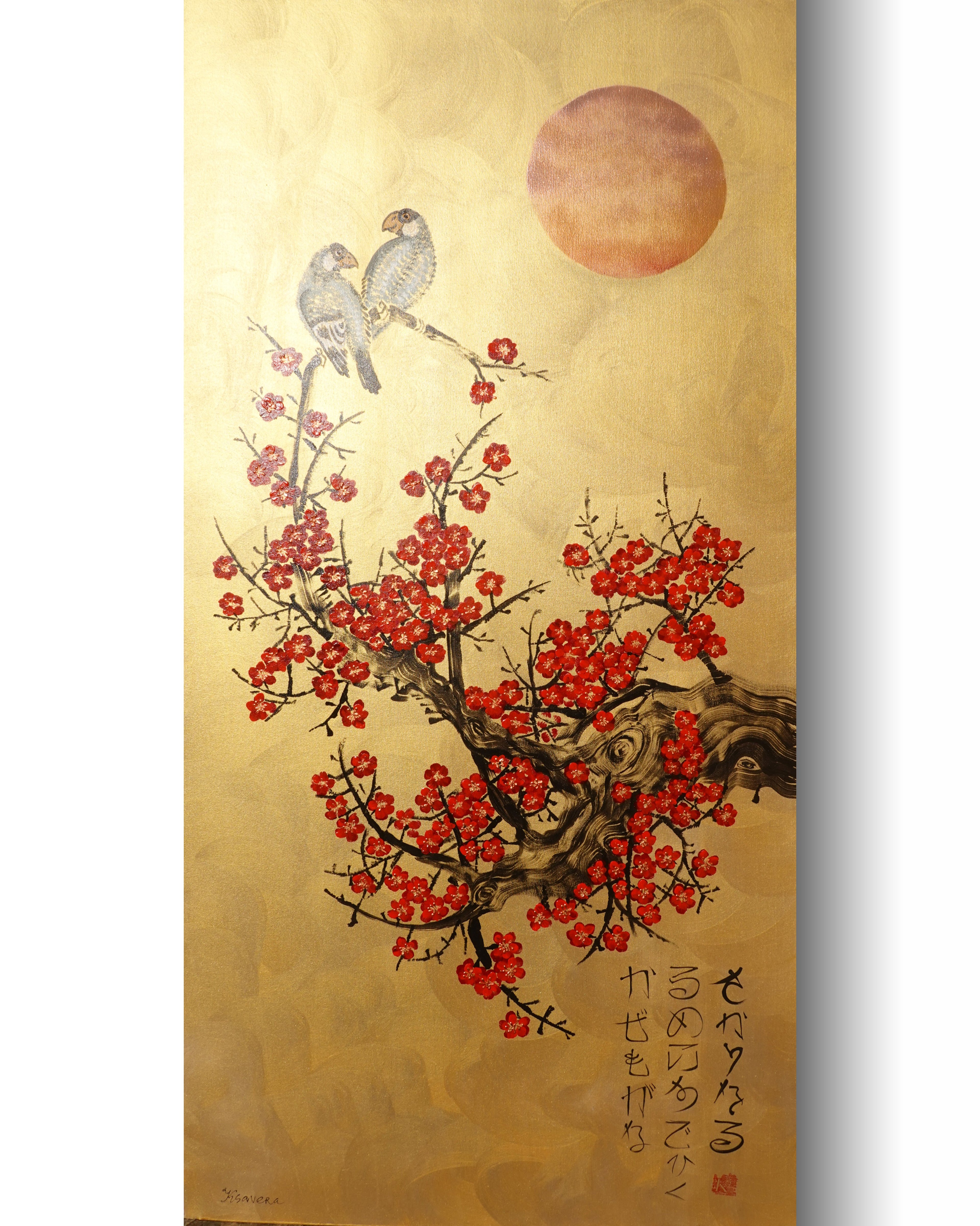 Bird and Sakura J446 is a large Japanese gold vertical Original Acrylic Painting on unstretched canvas by artist Ksavera.