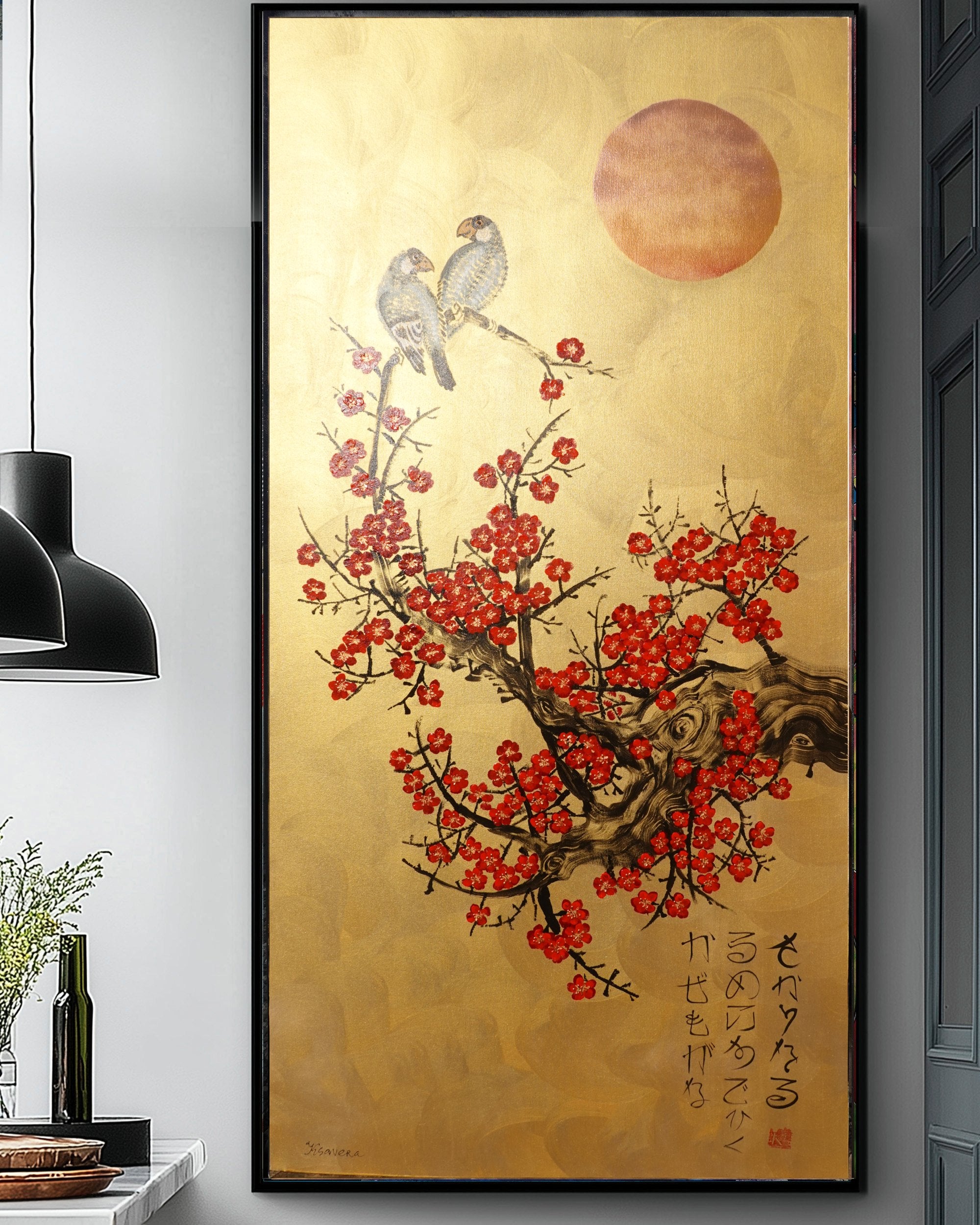Bird and Sakura J446 is a large Japanese gold vertical Original Acrylic Painting on unstretched canvas by artist Ksavera.