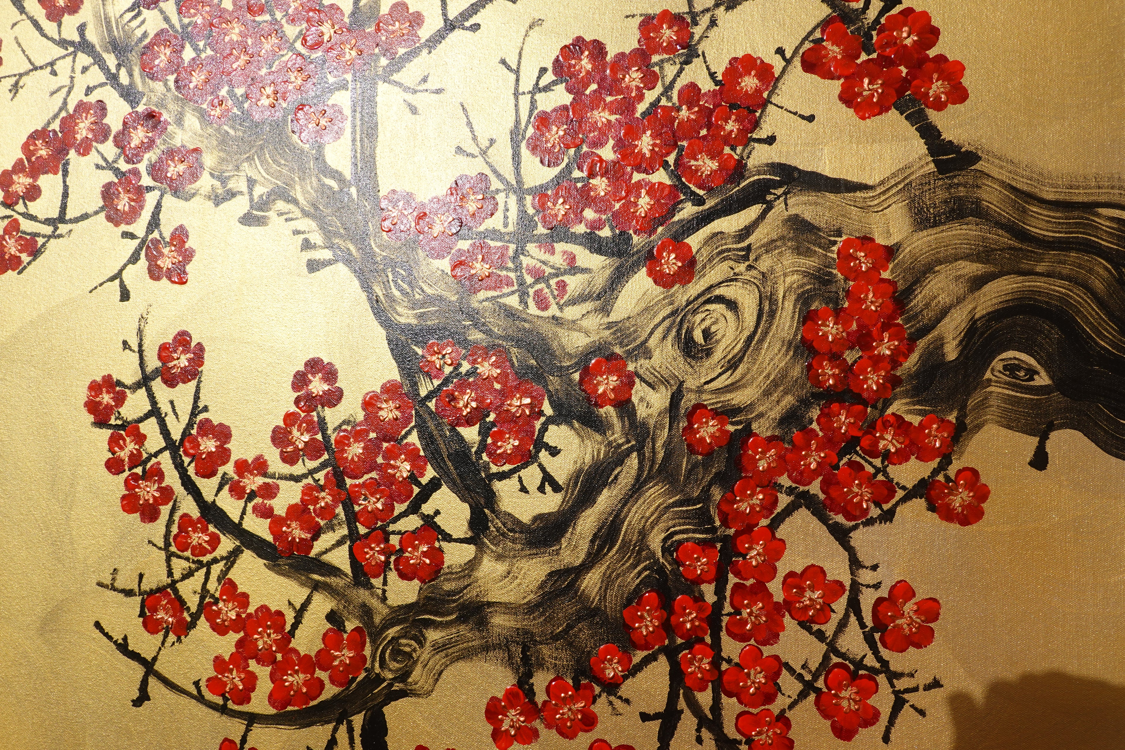 Bird and Sakura J446 is a large Japanese gold vertical Original Acrylic Painting on unstretched canvas by artist Ksavera.