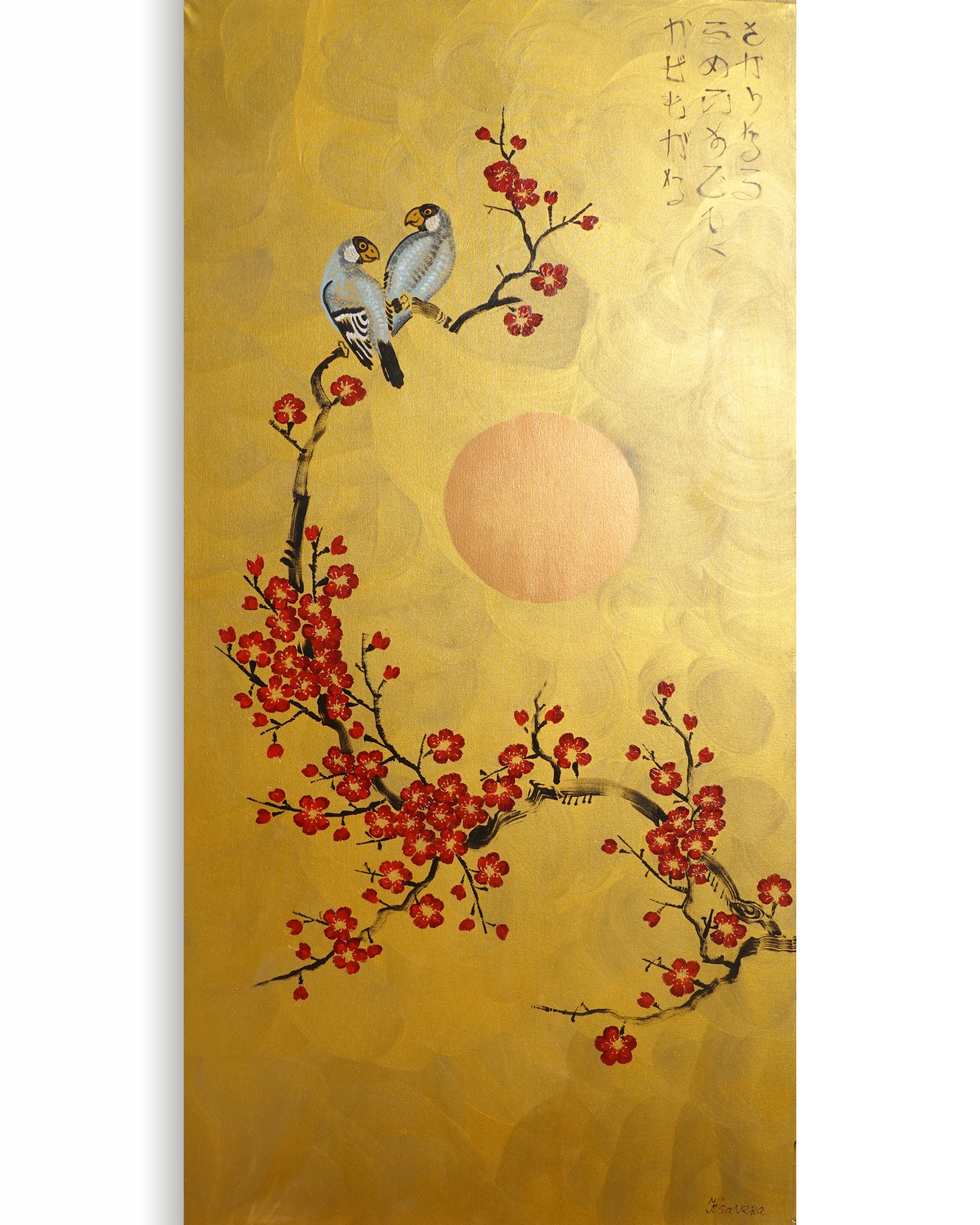 Love Birds and red Sakura J452&nbsp;is a large-scale Japanese-inspired gold vertical Original Acrylic Painting on unstretched canvas by artist Ksavera.
