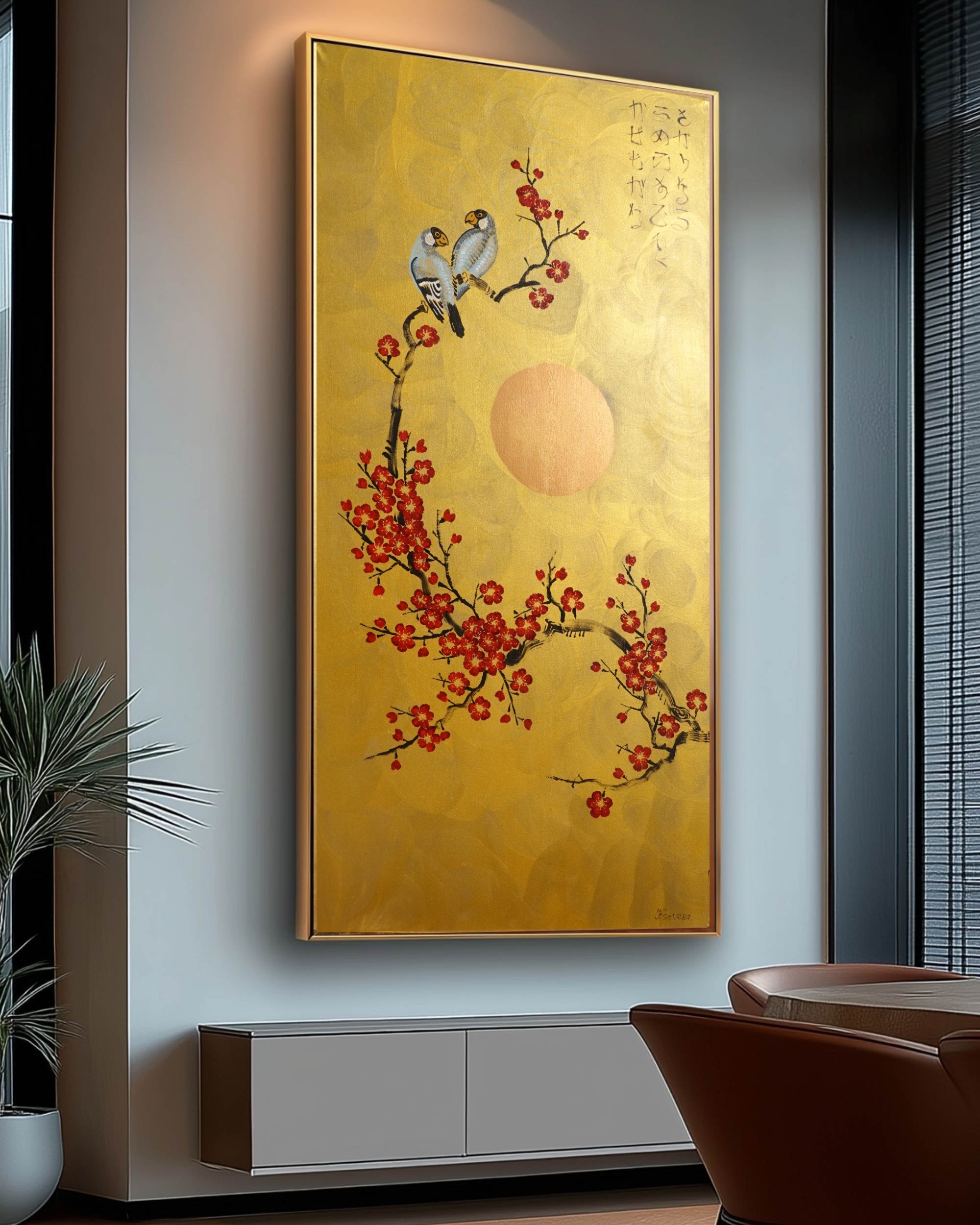 Love Birds and red Sakura J452 is a large-scale Japanese-inspired gold vertical Original Acrylic Painting on unstretched canvas by artist Ksavera.