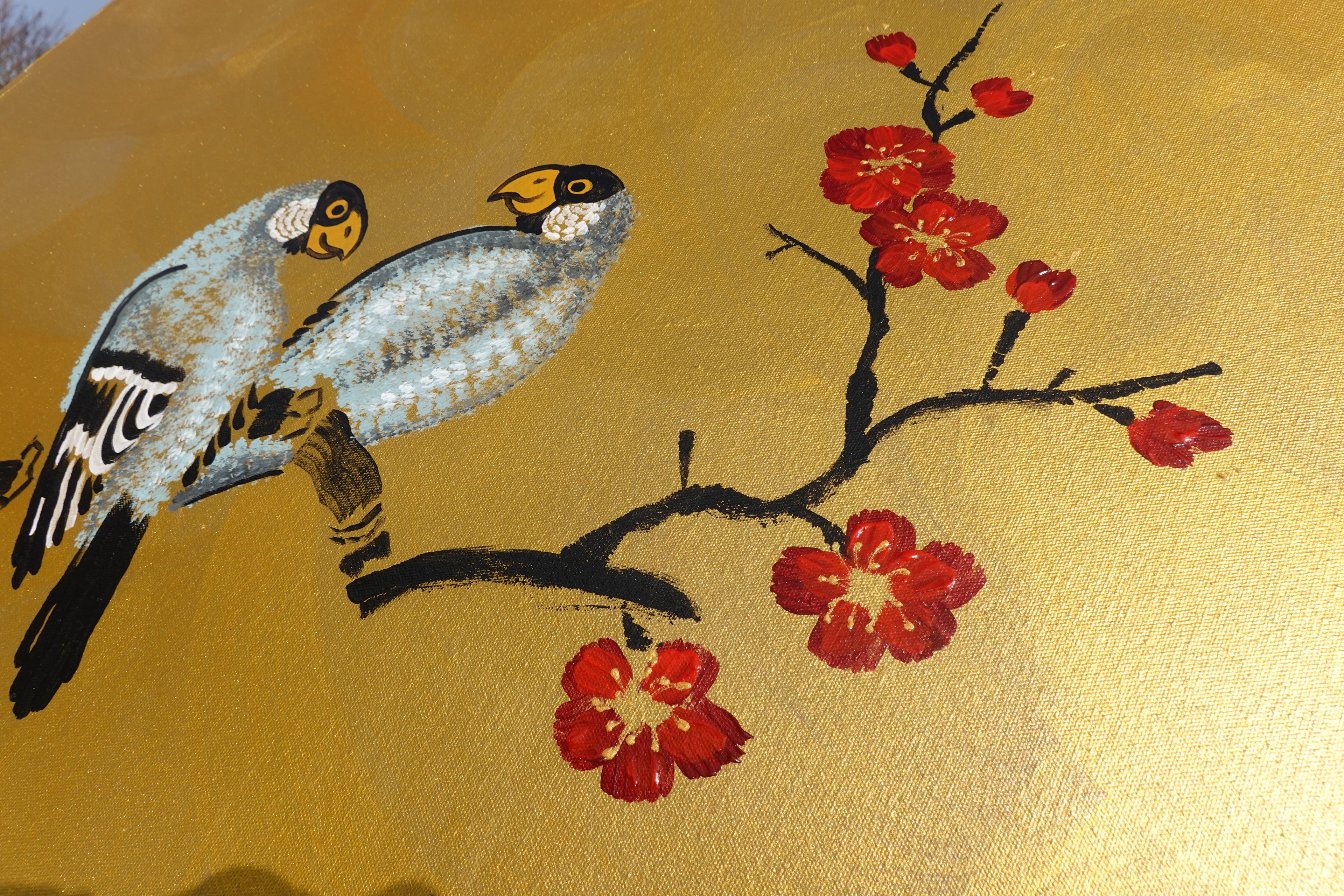 Love Birds and red Sakura J452 is a large-scale Japanese-inspired gold vertical Original Acrylic Painting on unstretched canvas by artist Ksavera.
