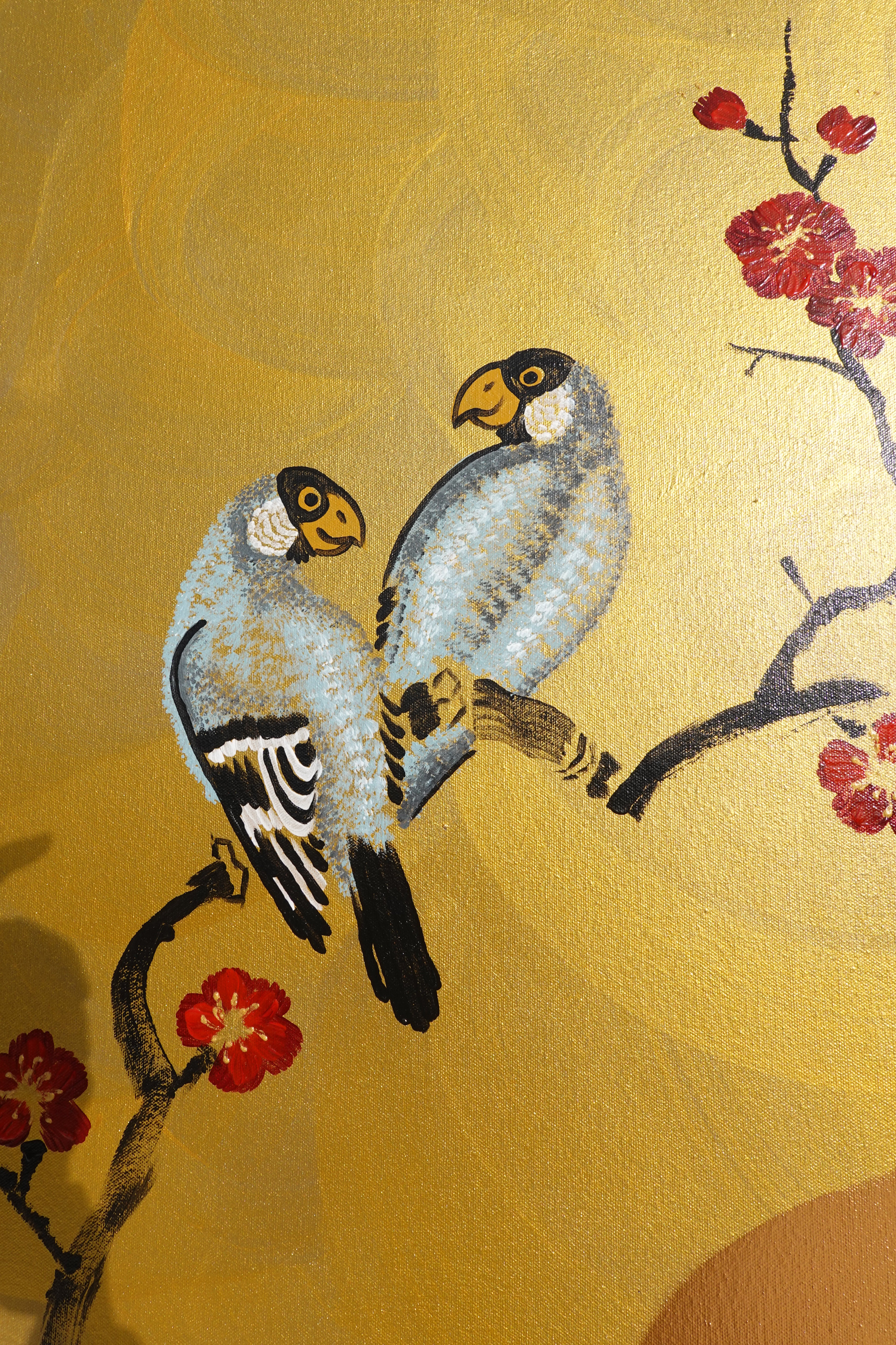 Love Birds and red Sakura J452 is a large-scale Japanese-inspired gold vertical Original Acrylic Painting on unstretched canvas by artist Ksavera.