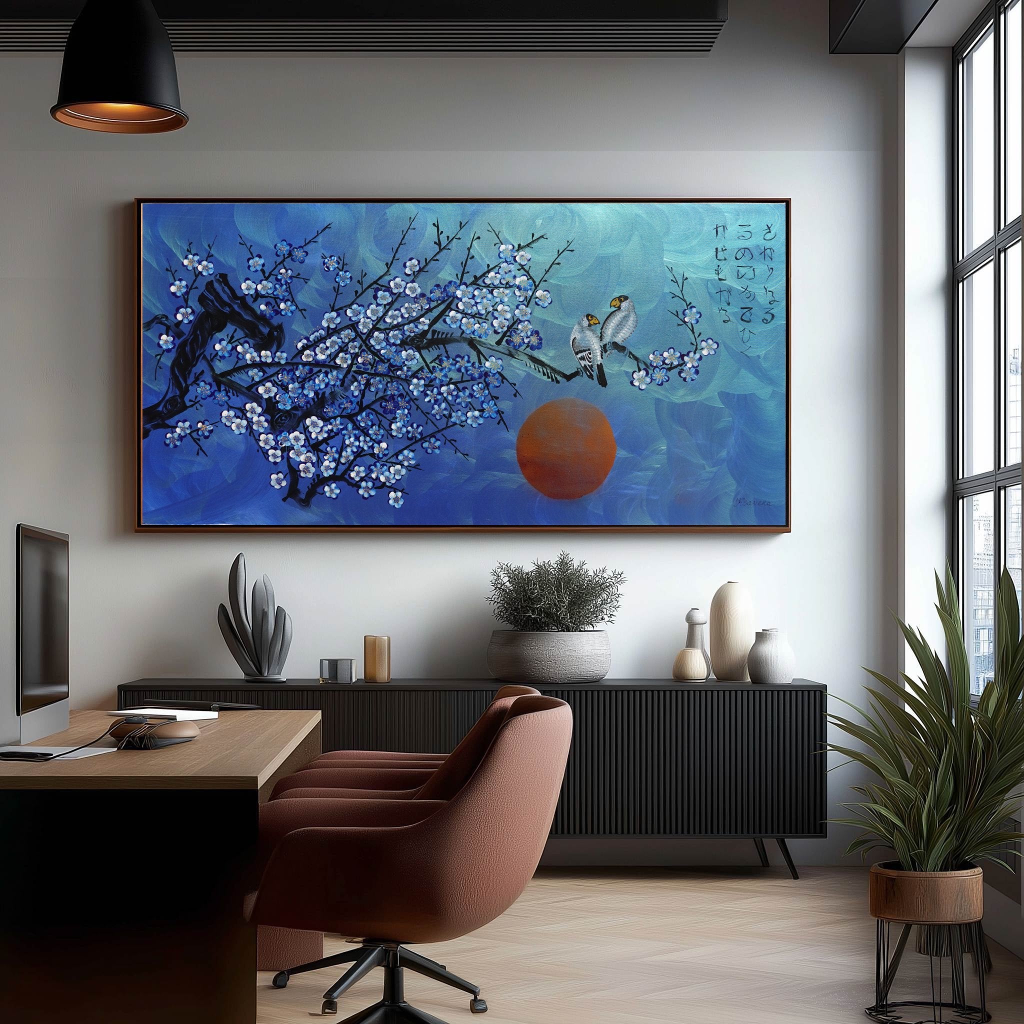 Love Birds and Sakura J454 is a large-scale Japanese-inspired blue pearlescent horizontal Original Acrylic Painting on unstretched canvas by artist Ksavera.