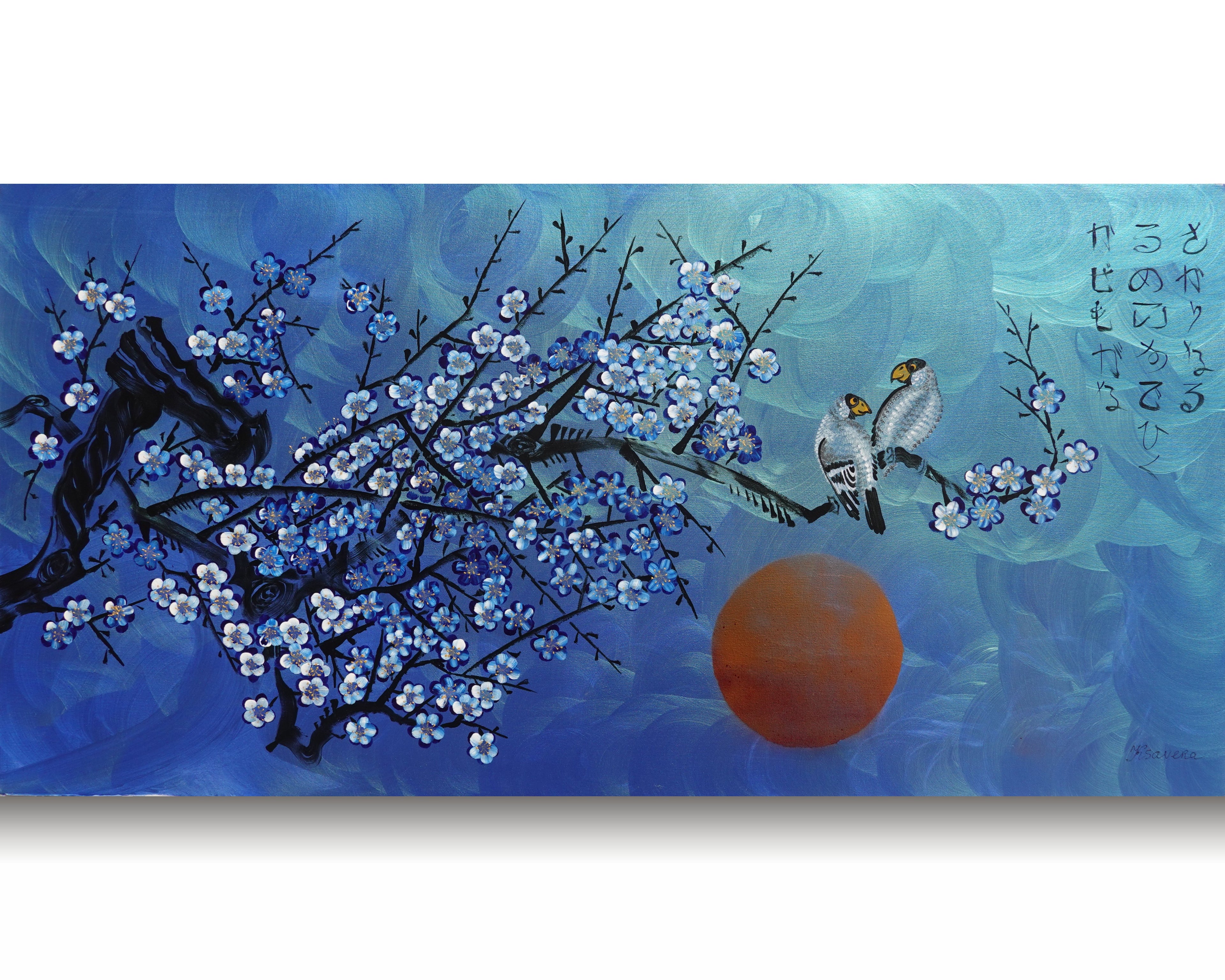 Love Birds and Sakura J454 is a large-scale Japanese-inspired blue pearlescent horizontal Original Acrylic Painting on unstretched canvas by artist Ksavera.
