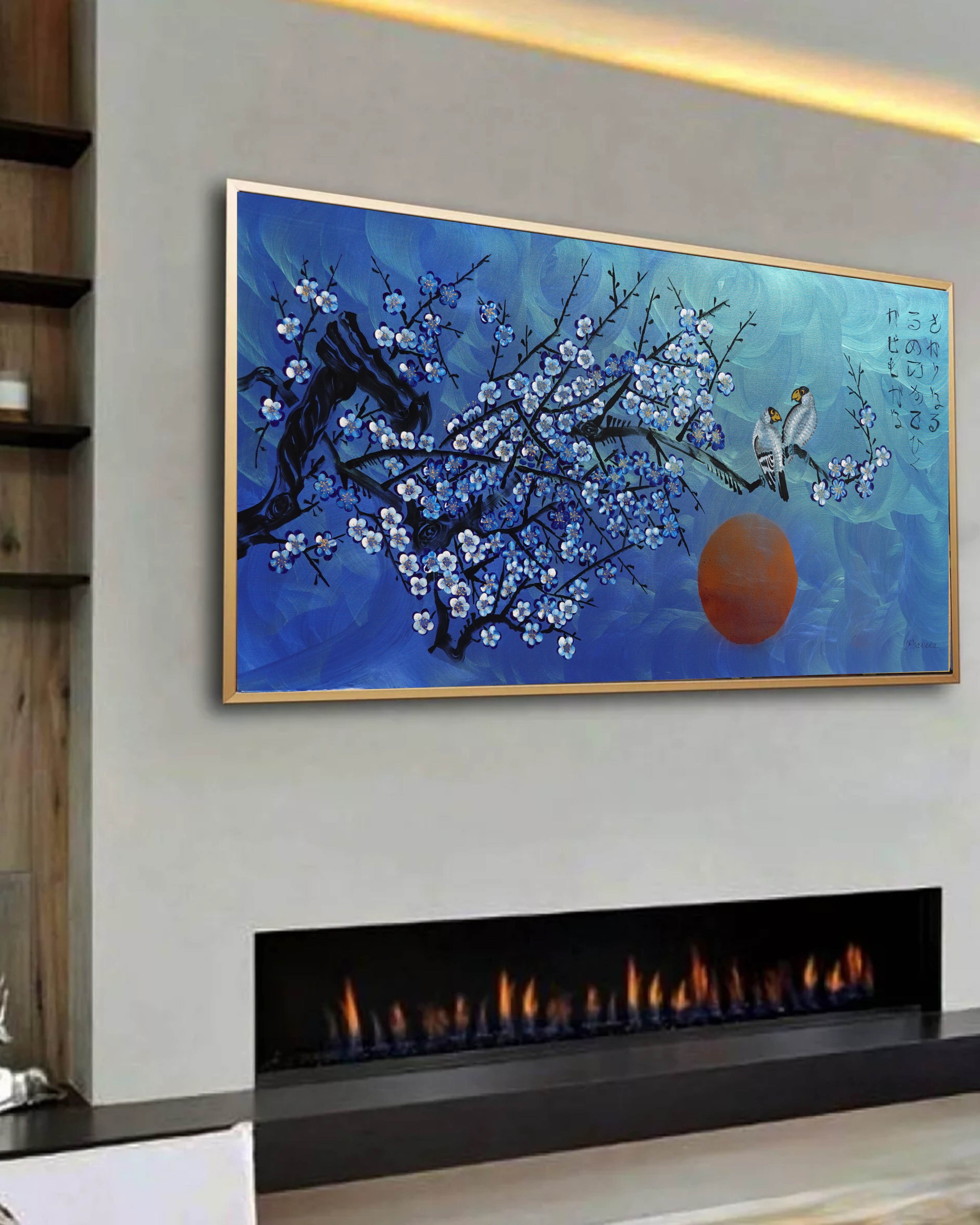 Love Birds and Sakura J454 is a large-scale Japanese-inspired blue pearlescent horizontal Original Acrylic Painting on unstretched canvas by artist Ksavera.