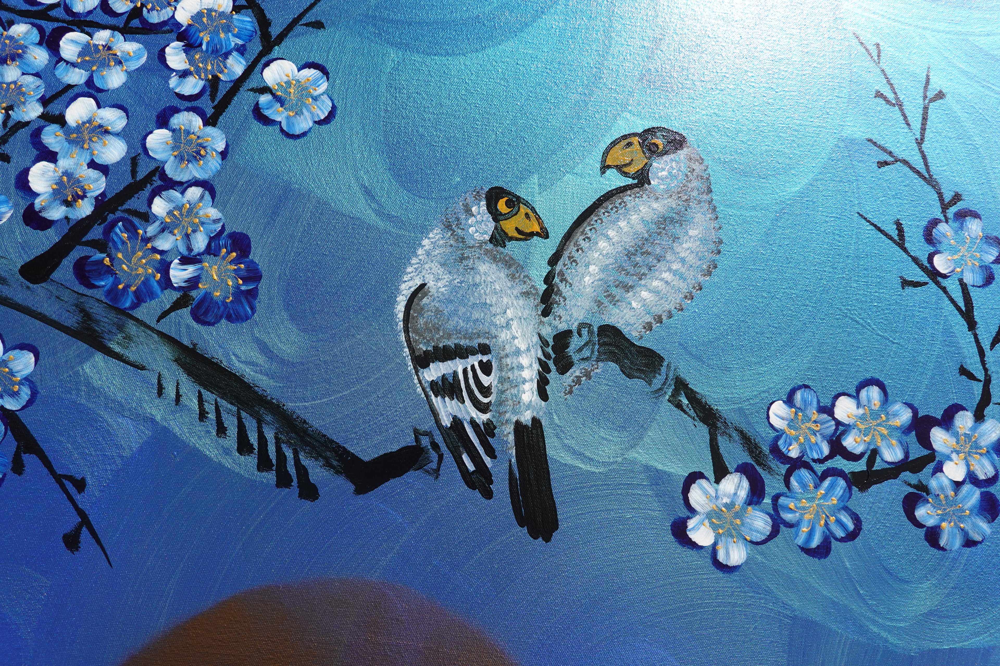 Love Birds and Sakura J454 is a large-scale Japanese-inspired blue pearlescent horizontal Original Acrylic Painting on unstretched canvas by artist Ksavera.