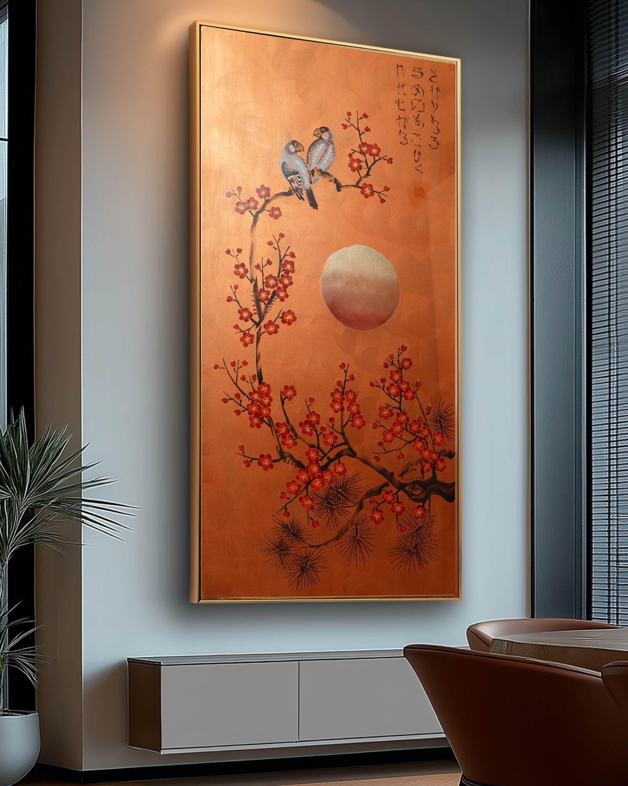 Love Birds and red Sakura J459 is a large-scale Japanese-inspired copper vertical Original Acrylic Painting on unstretched canvas by artist Ksavera.