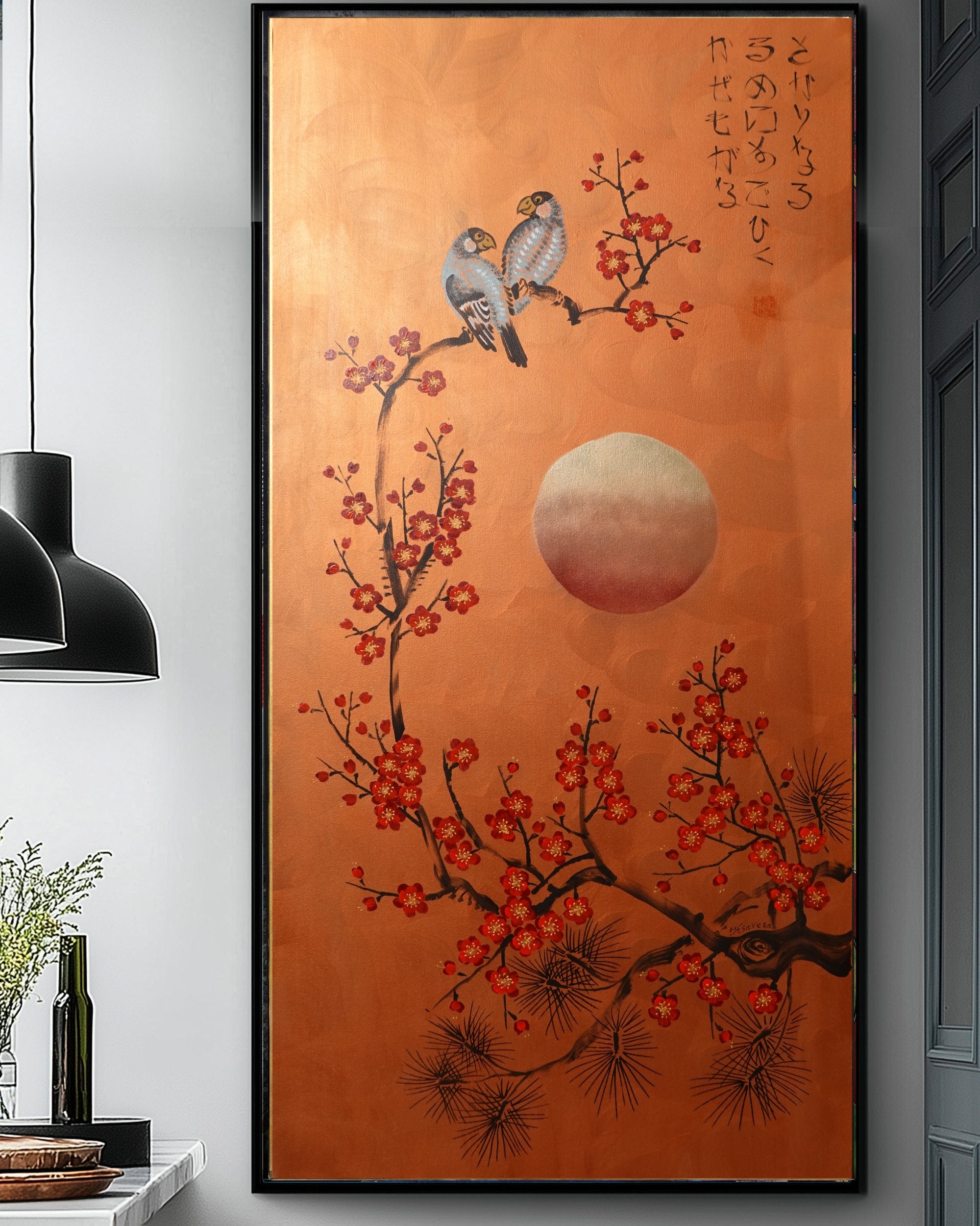 Love Birds and red Sakura J459 is a large-scale Japanese-inspired copper vertical Original Acrylic Painting on unstretched canvas by artist Ksavera.