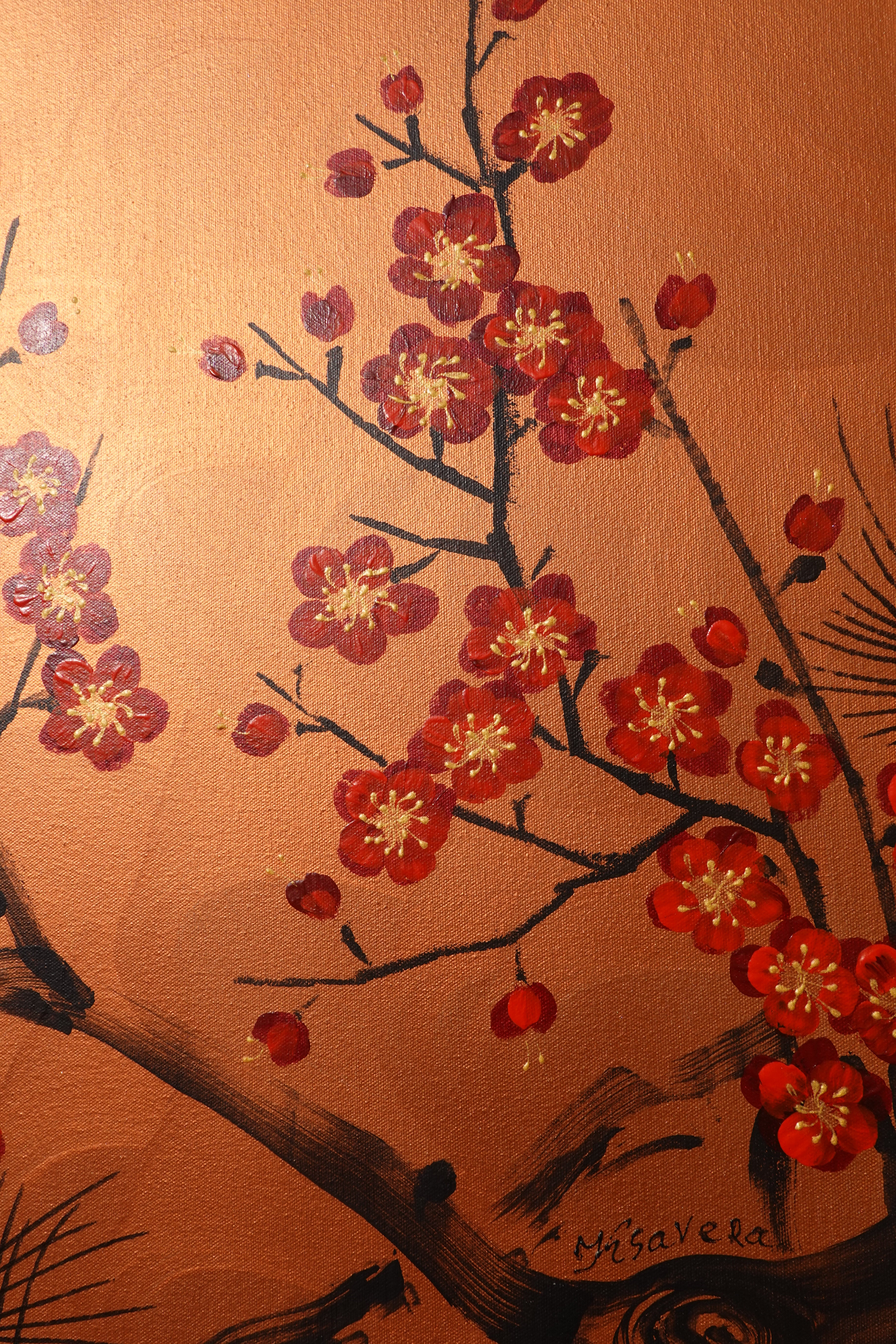 Love Birds red Sakura J459 Japanese copper Painting by artist