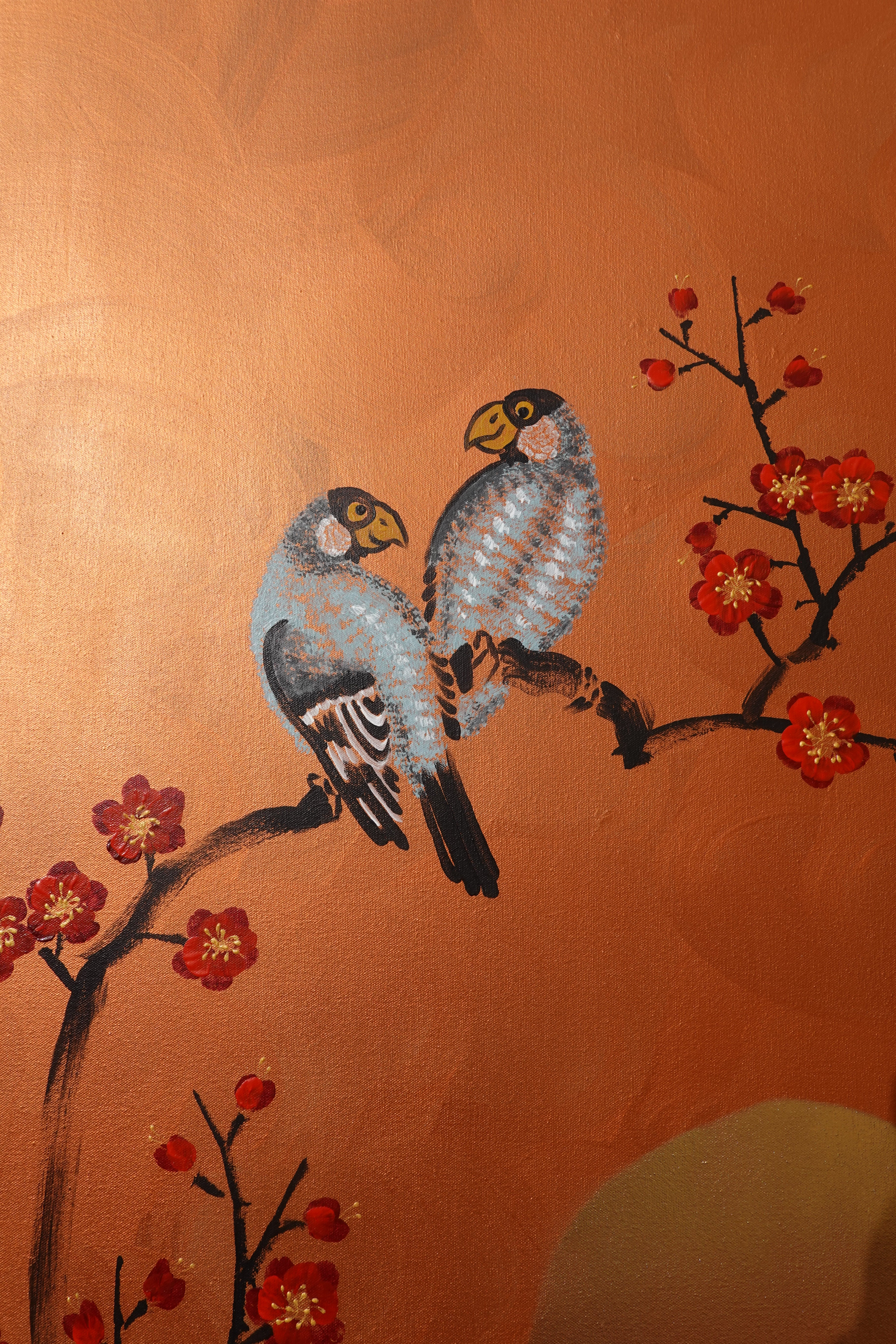 JKworks「紅葉」 Love Birds red Sakura J459 Japanese copper Painting by artist