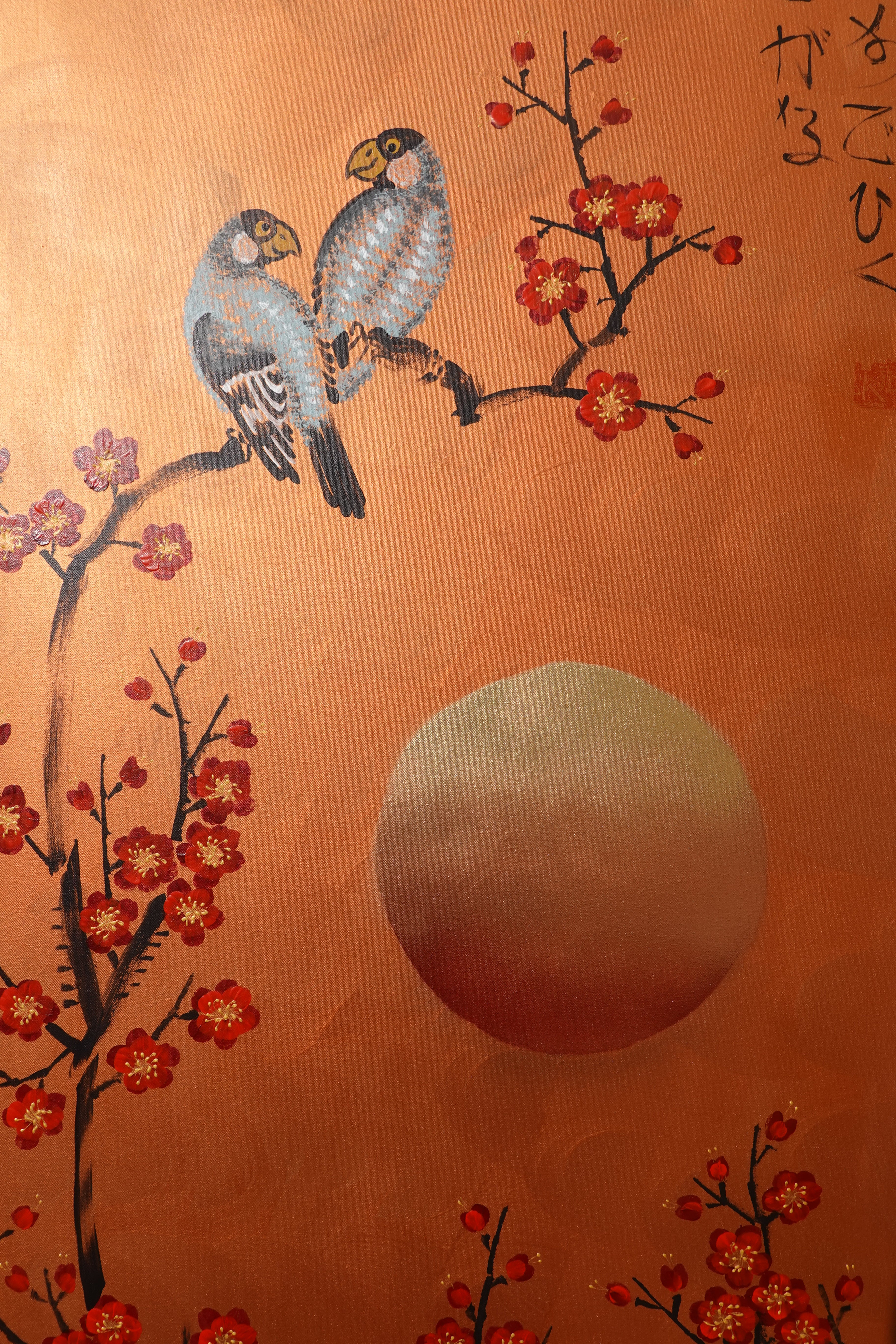 Love Birds red Sakura J459 Japanese copper Painting by artist