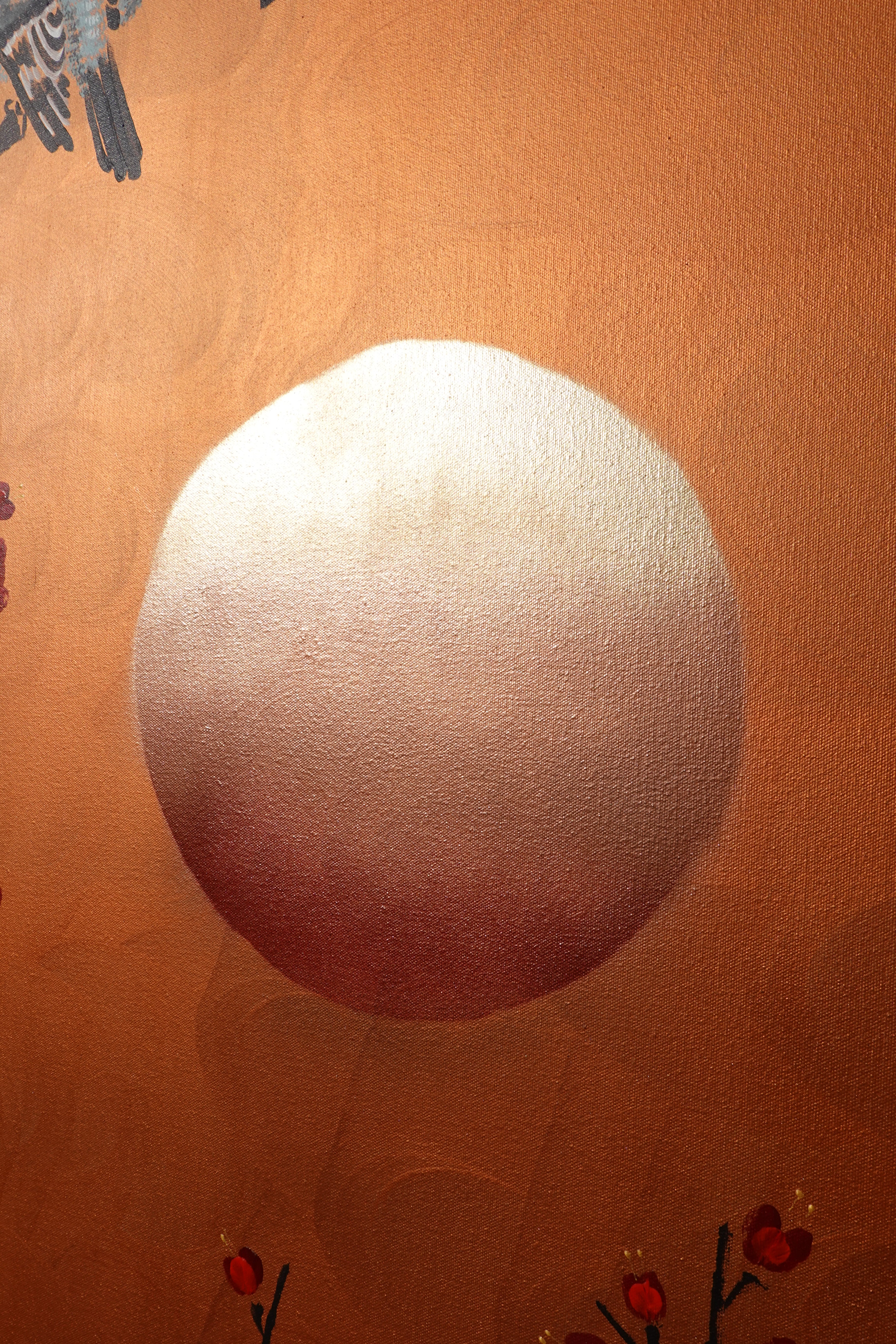 Love Birds and red Sakura J459 is a large-scale Japanese-inspired copper vertical Original Acrylic Painting on unstretched canvas by artist Ksavera.