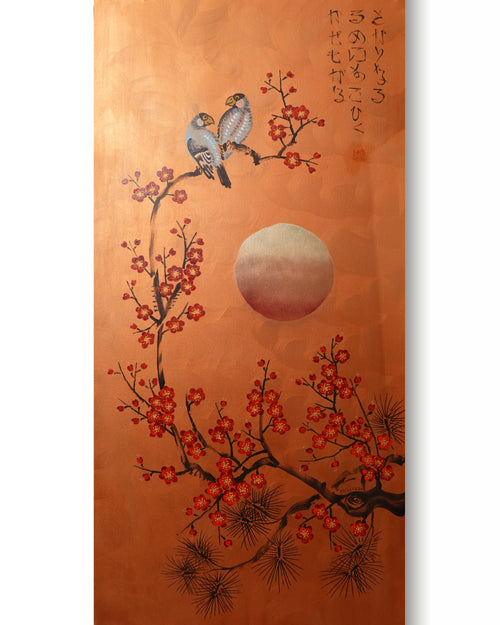 Love Birds and red Sakura J459 is a large-scale Japanese-inspired copper vertical Original Acrylic Painting on unstretched canvas by artist Ksavera.