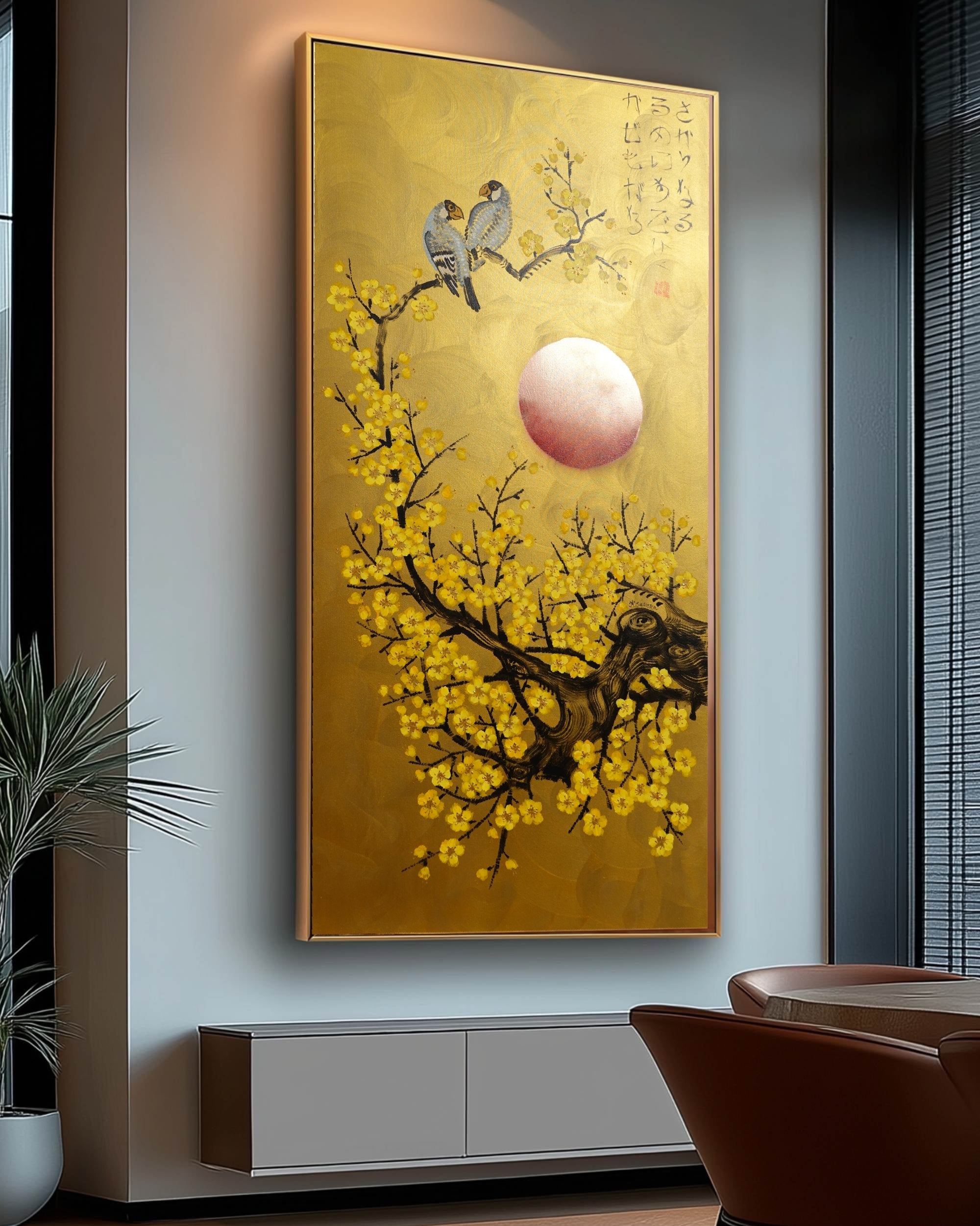 Love Birds and red Sakura J463 is a large Japanese gold vertical Original Acrylic Painting on unstretched canvas by artist Ksavera