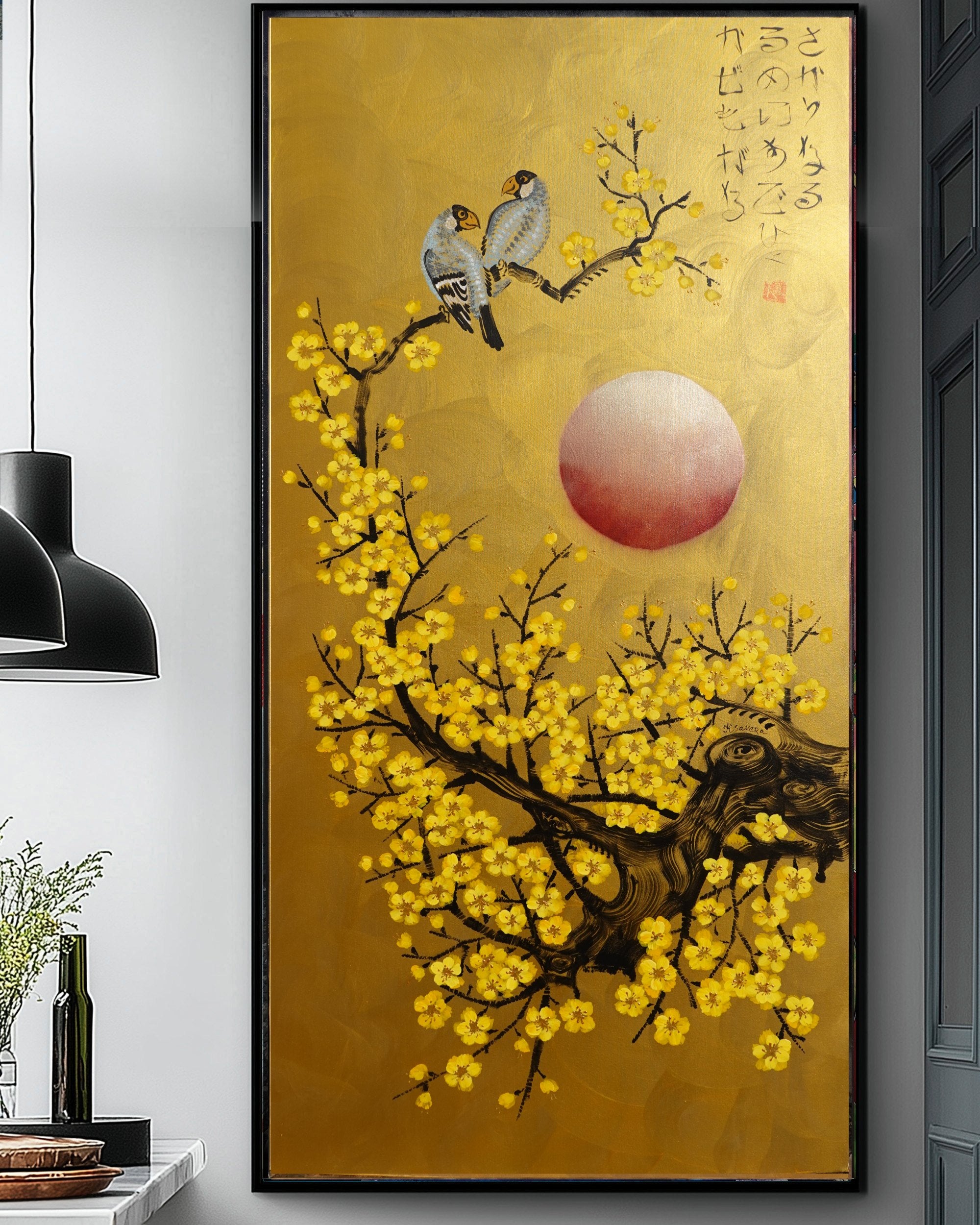 Love Birds and red Sakura J463 is a large Japanese gold vertical Original Acrylic Painting on unstretched canvas by artist Ksavera