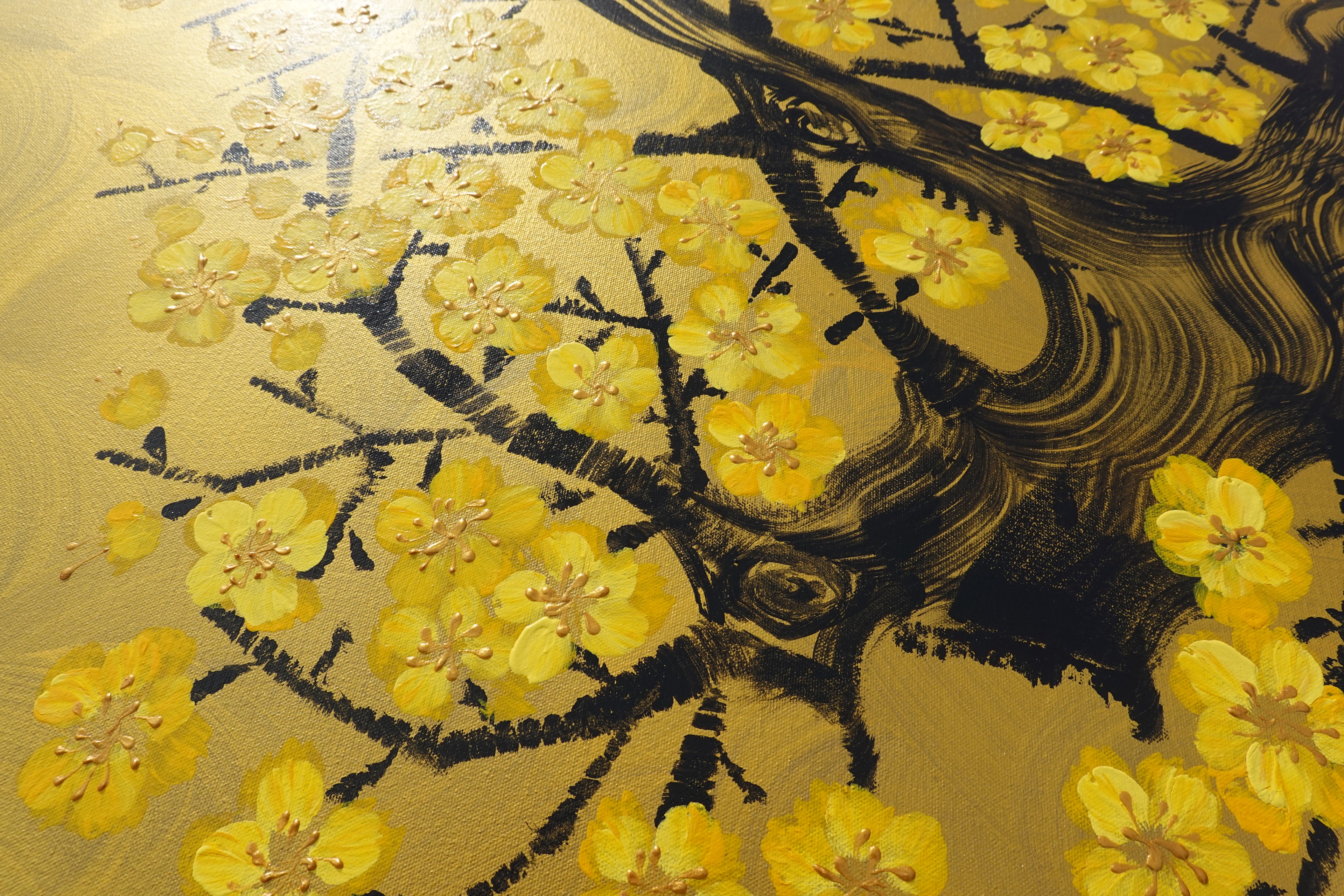 Love Birds and red Sakura J463 is a large Japanese gold vertical Original Acrylic Painting on unstretched canvas by artist Ksavera