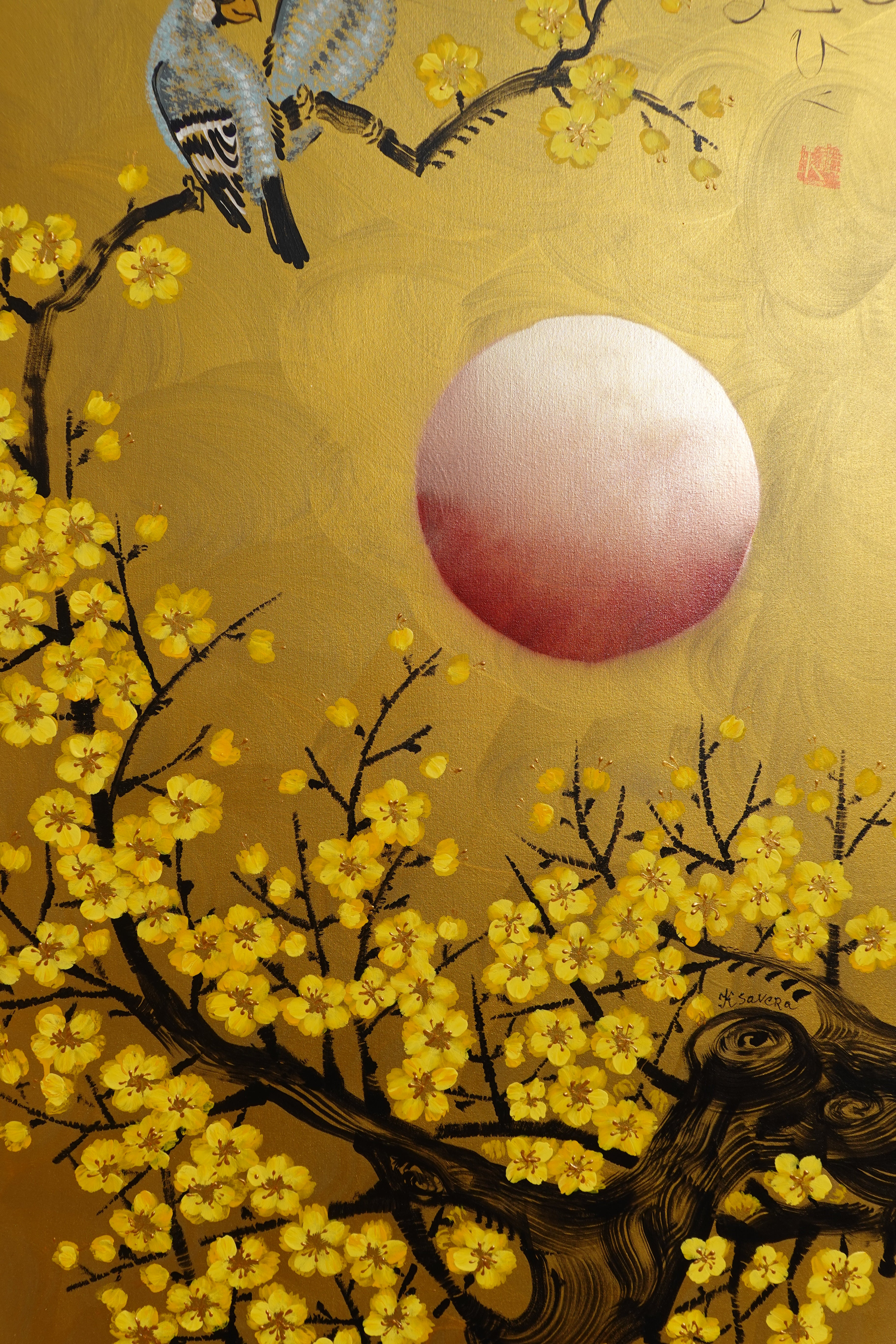 Love Birds and red Sakura J463 is a large Japanese gold vertical Original Acrylic Painting on unstretched canvas by artist Ksavera