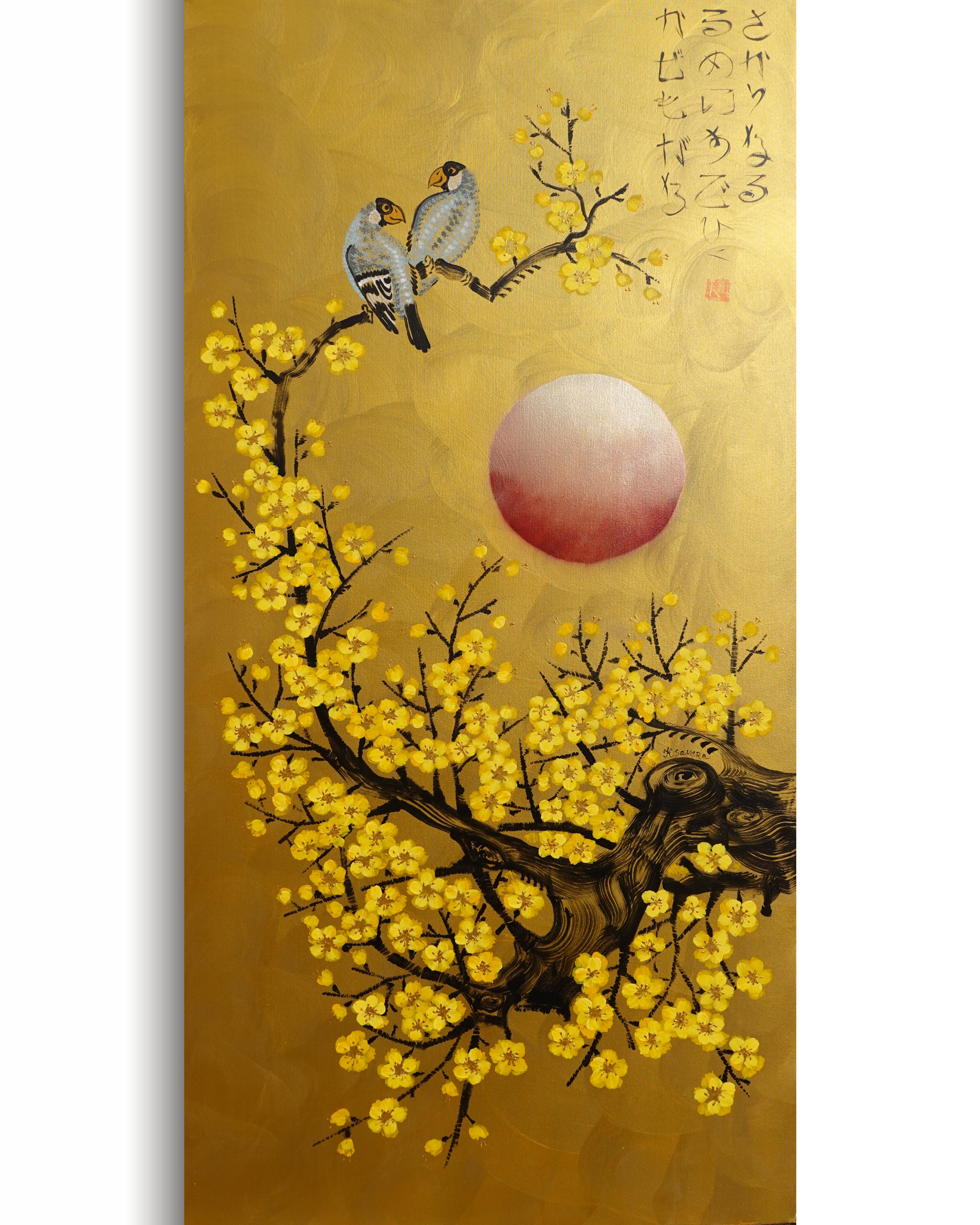 Love Birds and red Sakura J463 is a large Japanese gold vertical Original Acrylic Painting on unstretched canvas by artist Ksavera