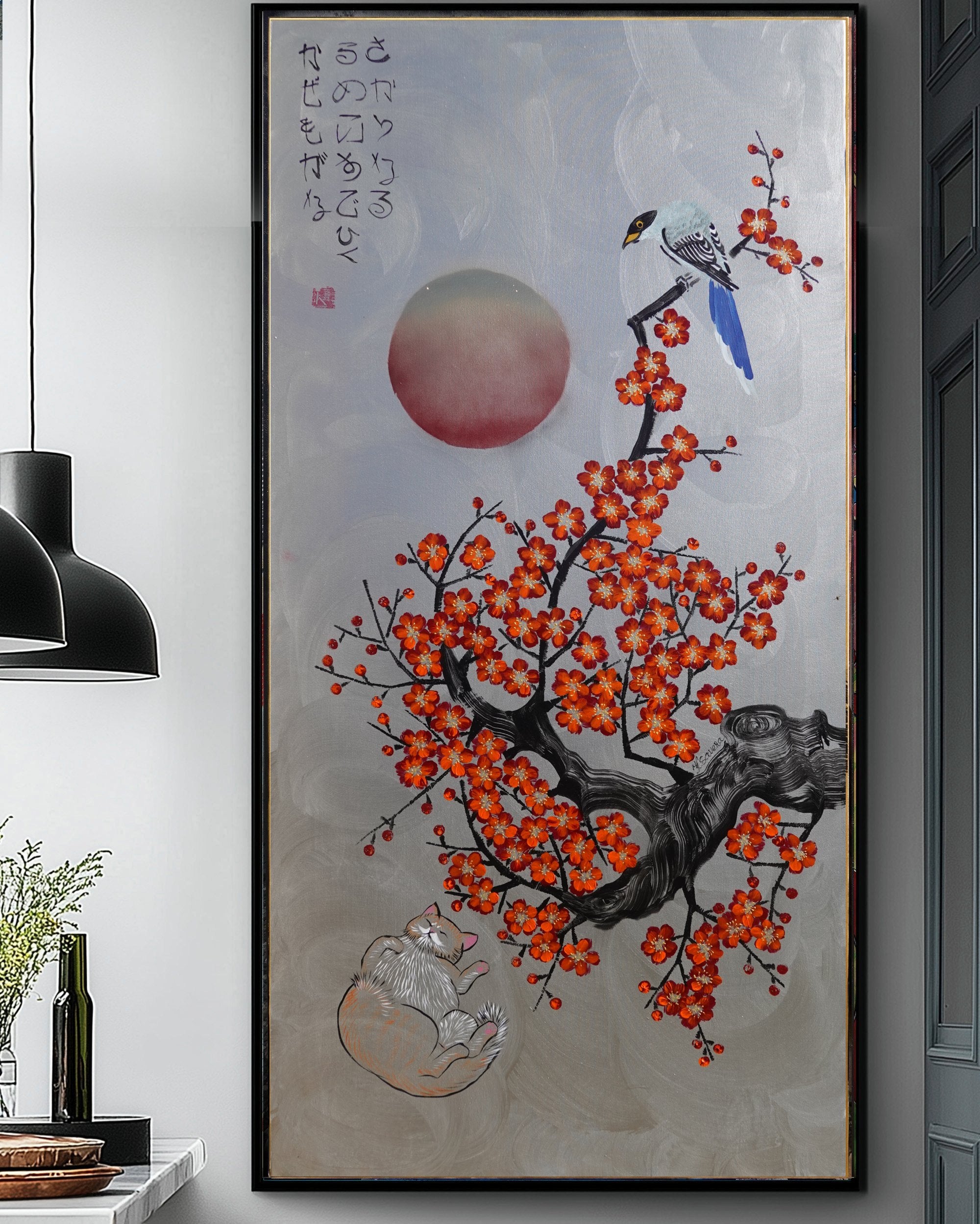 Bird, cat and orange Sakura J466 is a large-scale Japanese-inspired silver vertical Original Acrylic Painting on unstretched canvas by artist Ksavera.