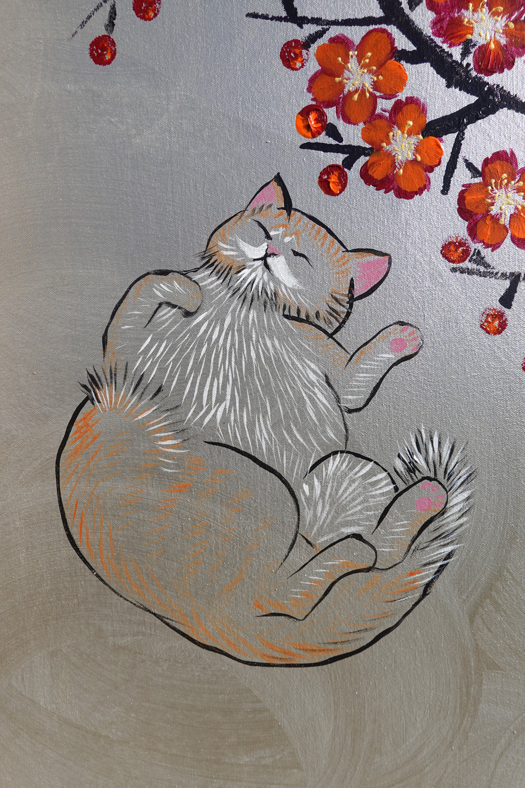 Bird, cat and orange Sakura J466 is a large-scale Japanese-inspired silver vertical Original Acrylic Painting on unstretched canvas by artist Ksavera.