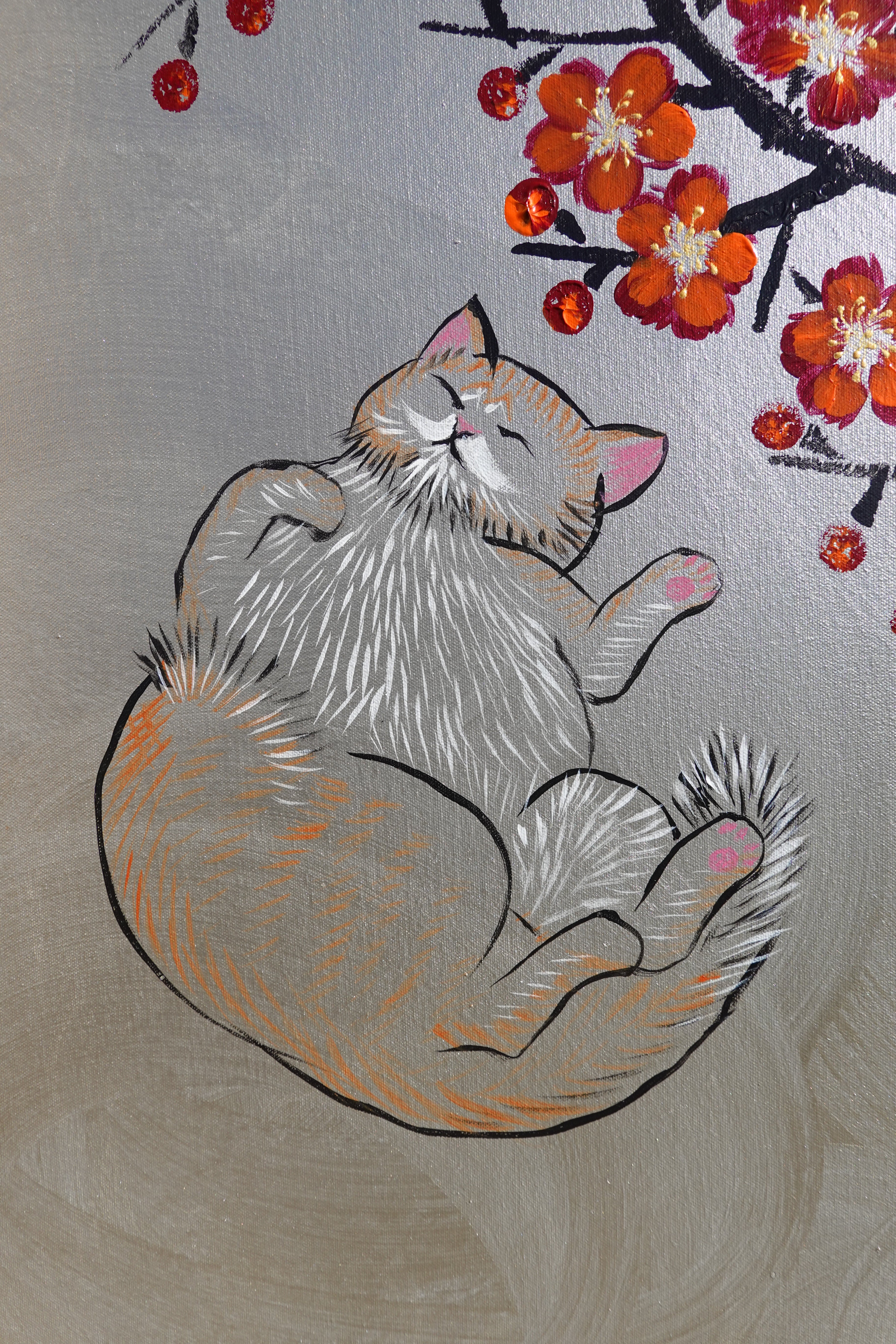 Bird, cat and orange Sakura J466 is a large-scale Japanese-inspired silver vertical Original Acrylic Painting on unstretched canvas by artist Ksavera.