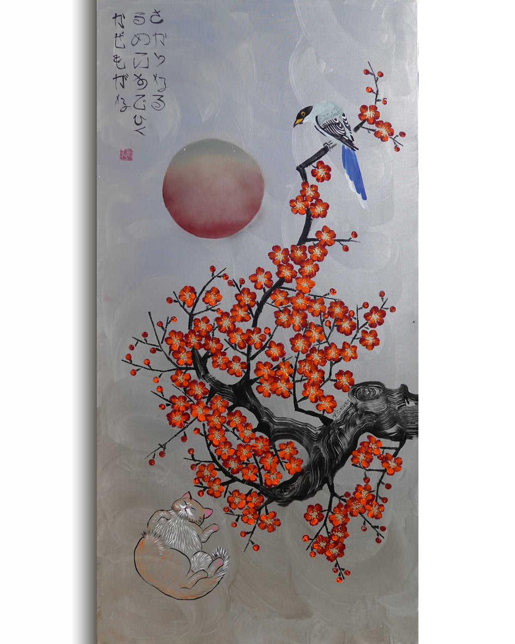 Bird, cat and orange Sakura J466 is a large-scale Japanese-inspired silver vertical Original Acrylic Painting on unstretched canvas by artist Ksavera.