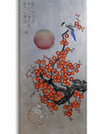 Bird, cat and orange Sakura J466 is a large-scale Japanese-inspired silver vertical Original Acrylic Painting on unstretched canvas by artist Ksavera.