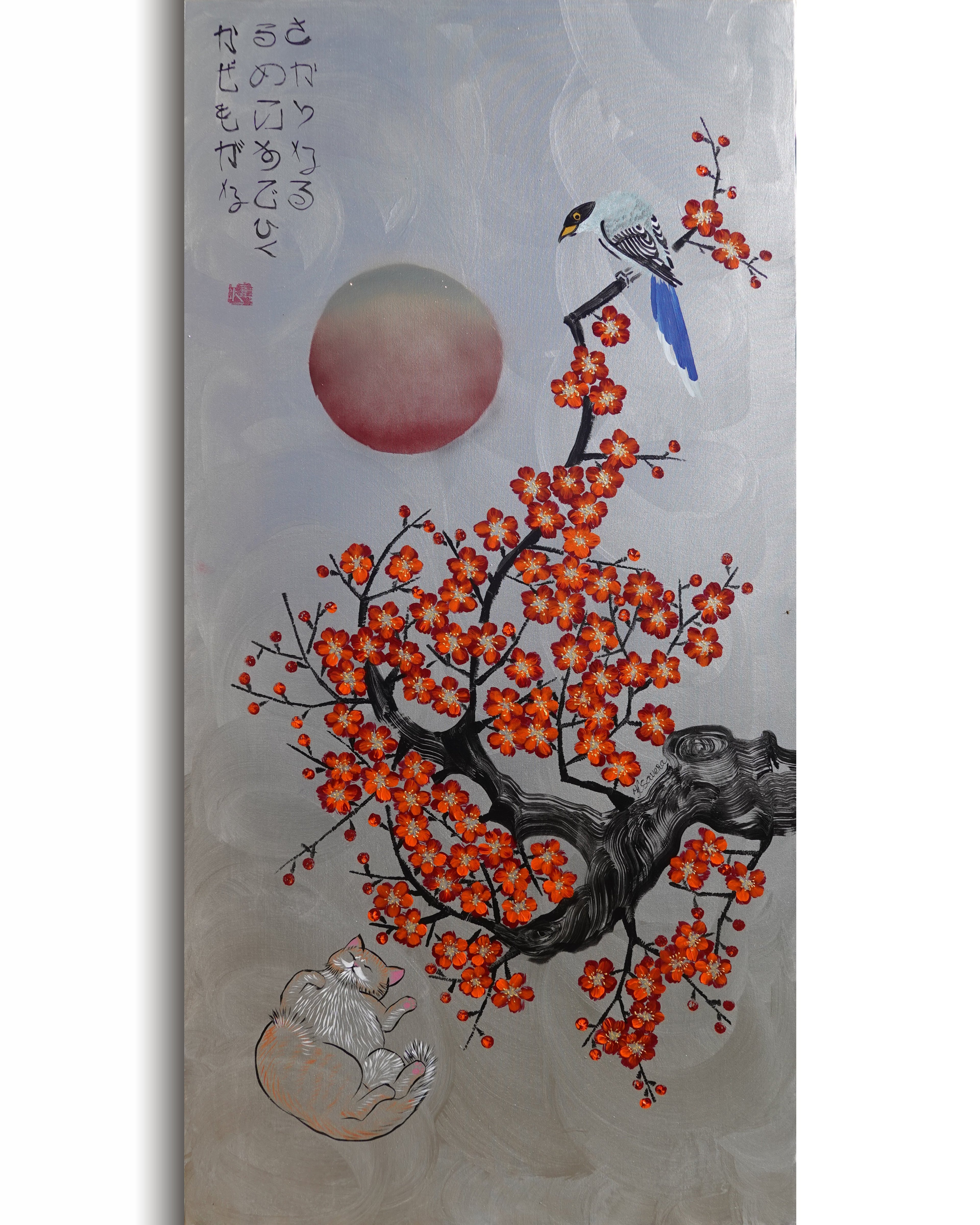 Bird, cat and orange Sakura J466 is a large-scale Japanese-inspired silver vertical Original Acrylic Painting on unstretched canvas by artist Ksavera.