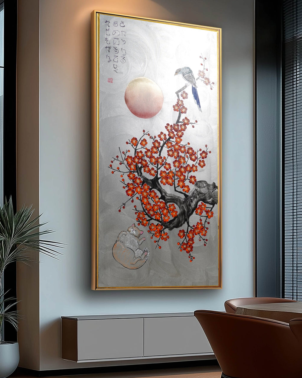 Bird, cat and orange Sakura J466 is a large-scale Japanese-inspired silver vertical Original Acrylic Painting on unstretched canvas by artist Ksavera.