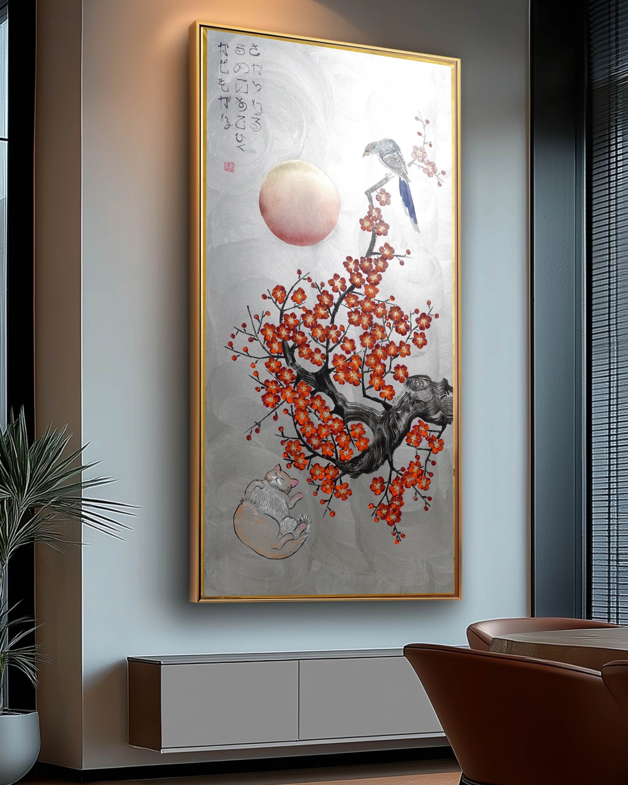 Bird, cat and orange Sakura J466 is a large-scale Japanese-inspired silver vertical Original Acrylic Painting on unstretched canvas by artist Ksavera.
