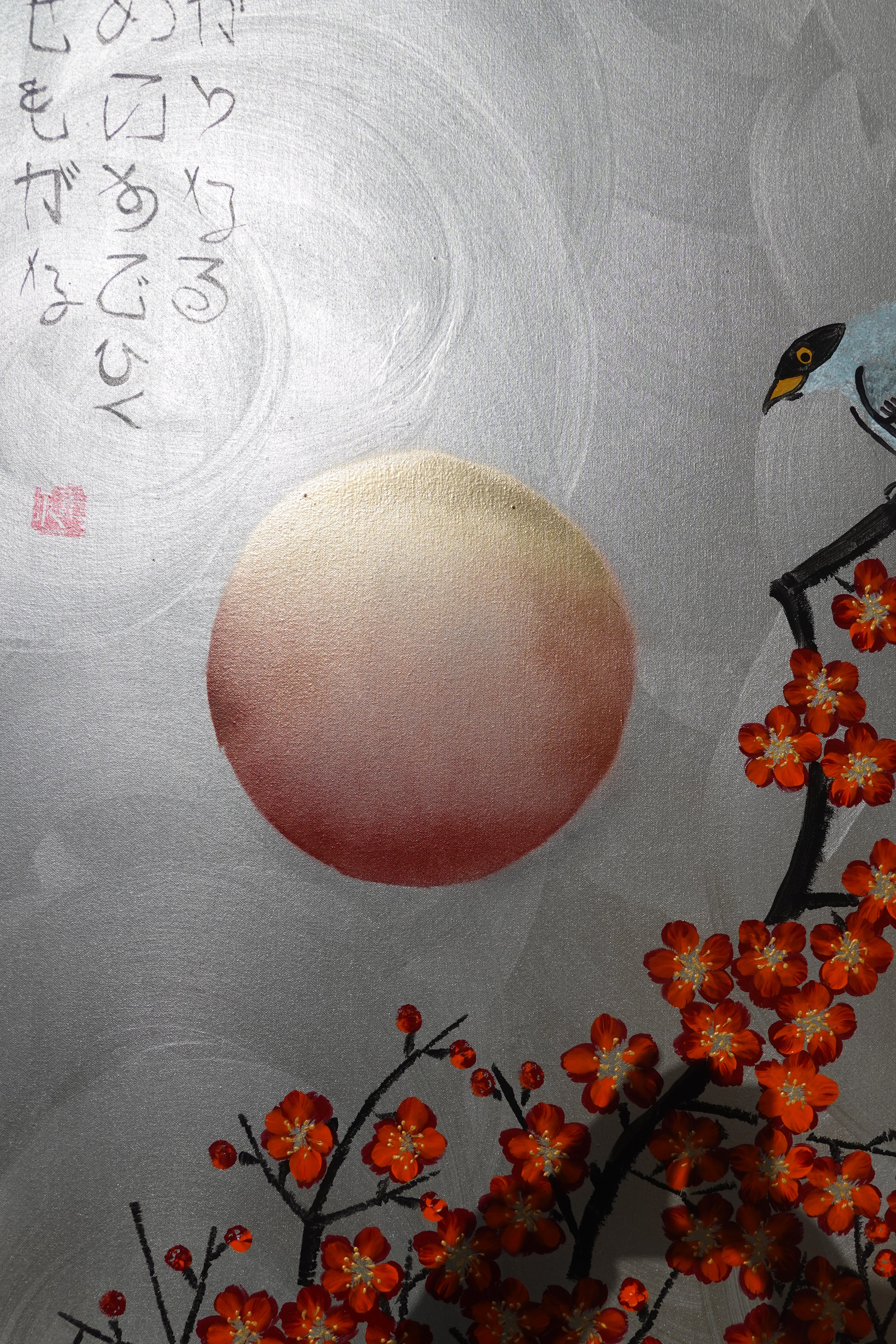 Bird, cat and orange Sakura J466 is a large-scale Japanese-inspired silver vertical Original Acrylic Painting on unstretched canvas by artist Ksavera.