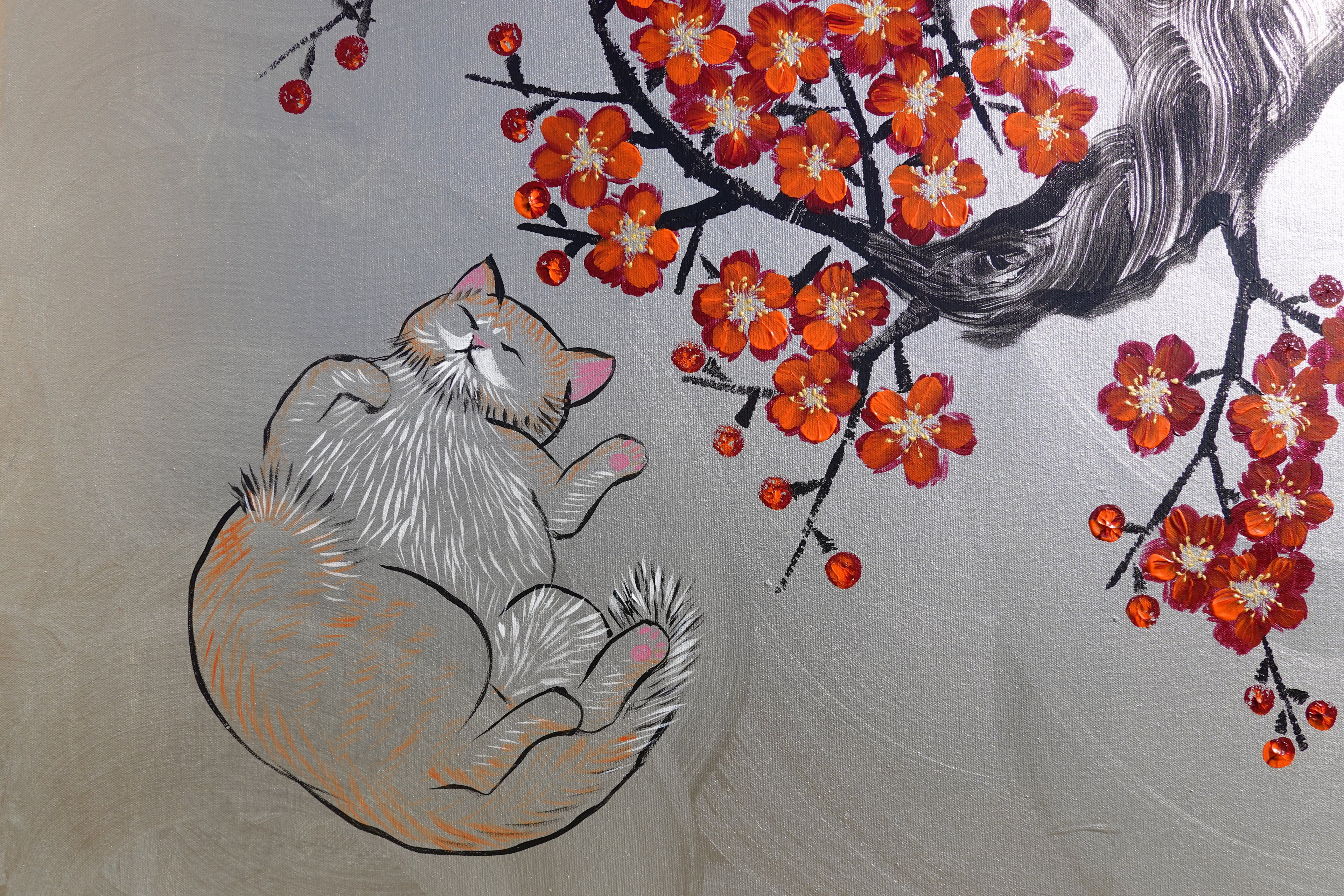 Bird, cat and orange Sakura J466 is a large-scale Japanese-inspired silver vertical Original Acrylic Painting on unstretched canvas by artist Ksavera.