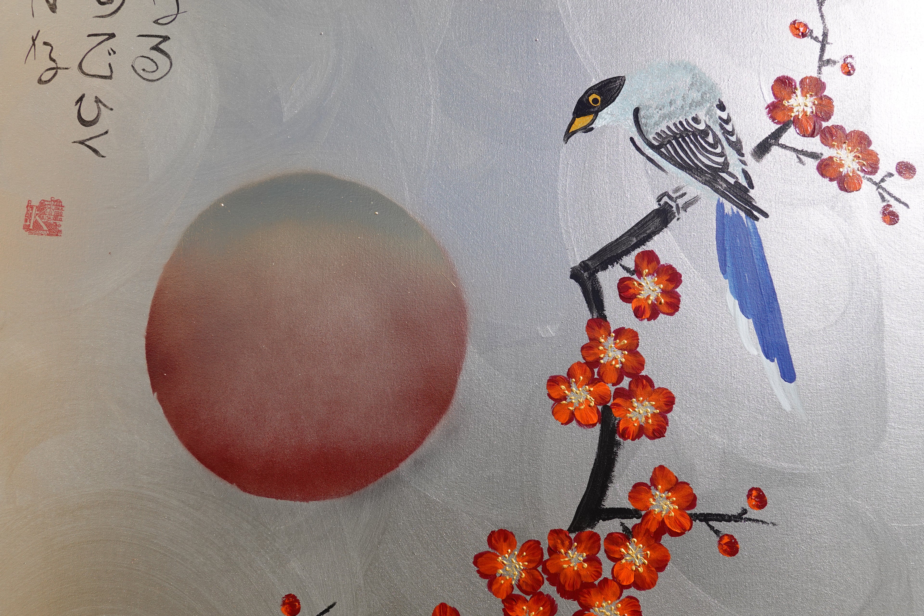 Bird, cat and orange Sakura J466 is a large-scale Japanese-inspired silver vertical Original Acrylic Painting on unstretched canvas by artist Ksavera.
