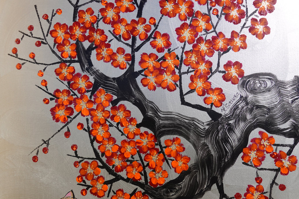 Bird, cat and orange Sakura J466 is a large-scale Japanese-inspired silver vertical Original Acrylic Painting on unstretched canvas by artist Ksavera.