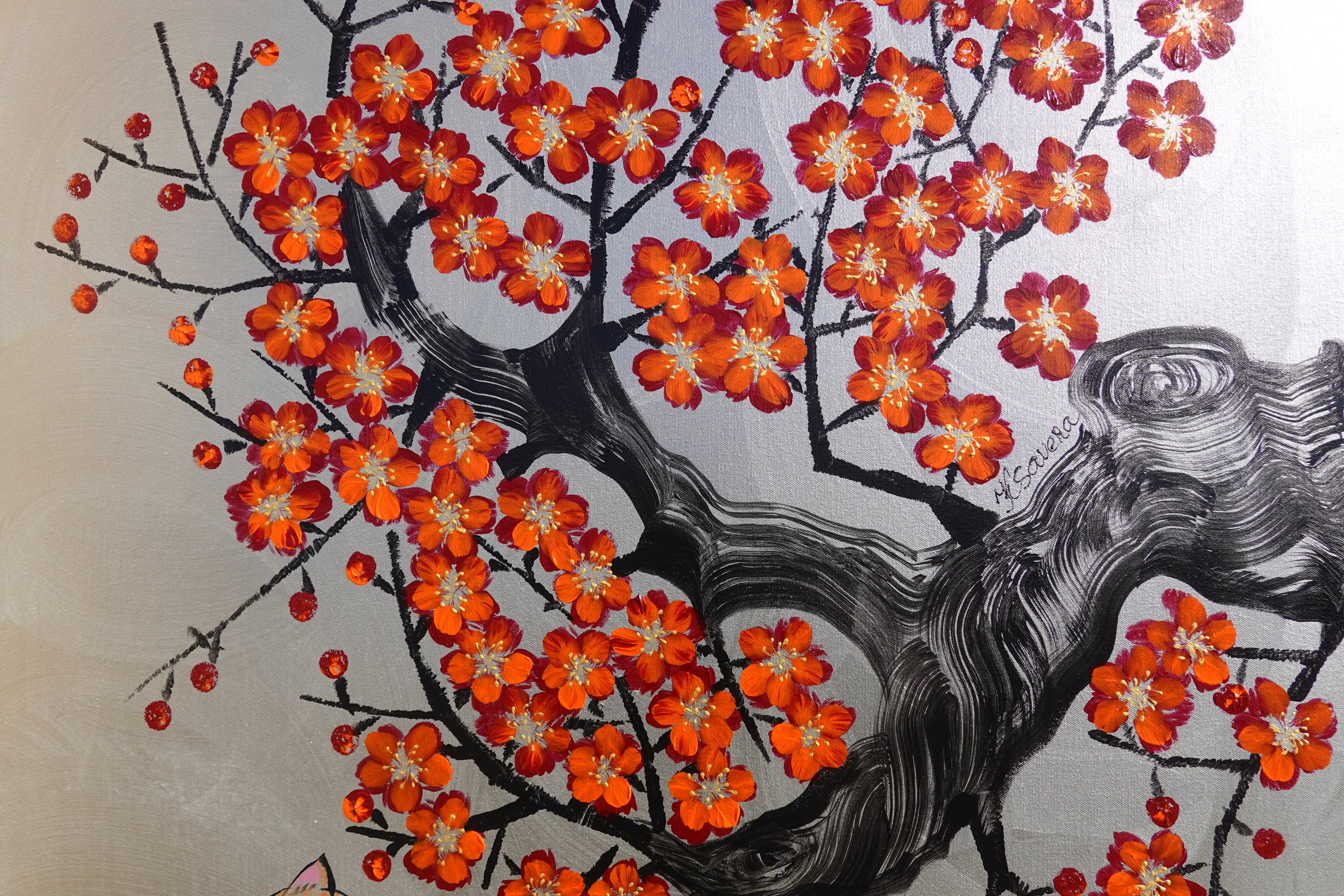 Bird, cat and orange Sakura J466 is a large-scale Japanese-inspired silver vertical Original Acrylic Painting on unstretched canvas by artist Ksavera.