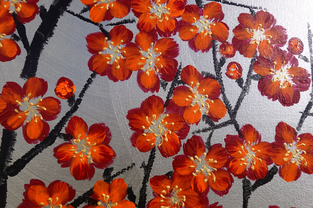 Bird, cat and orange Sakura J466 is a large-scale Japanese-inspired silver vertical Original Acrylic Painting on unstretched canvas by artist Ksavera.