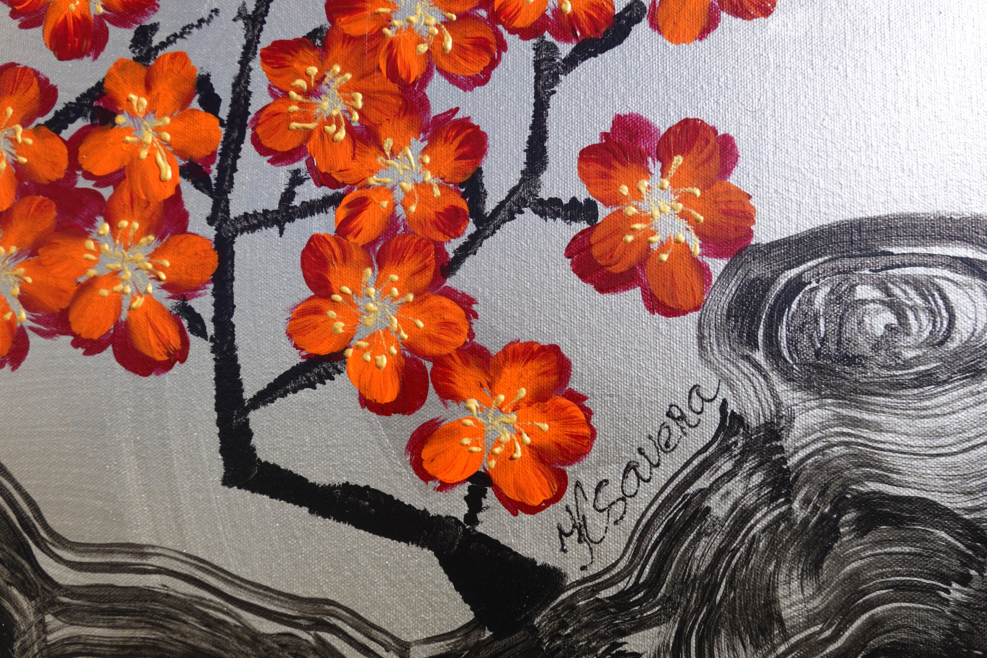 Bird, cat and orange Sakura J466 is a large-scale Japanese-inspired silver vertical Original Acrylic Painting on unstretched canvas by artist Ksavera.