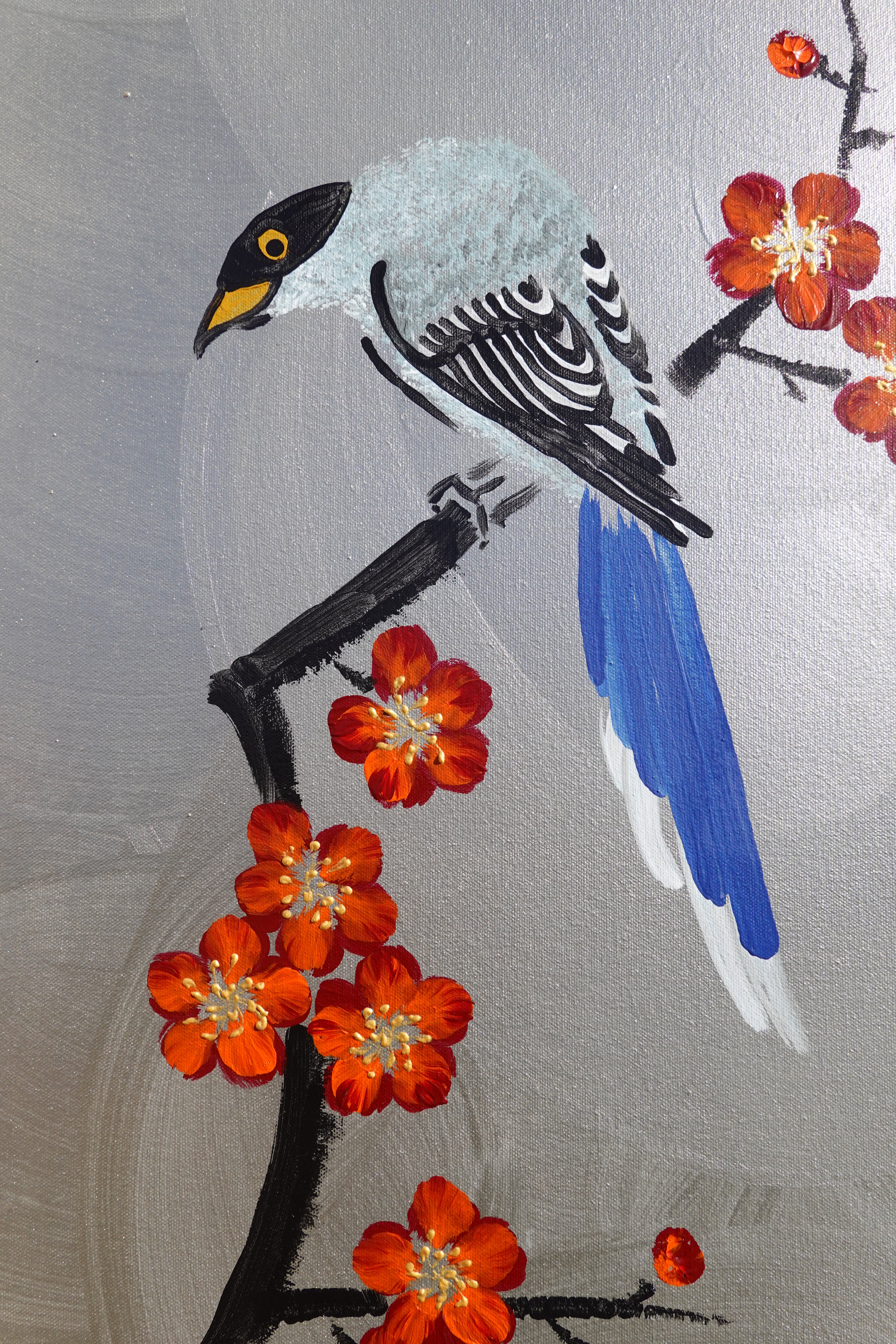 Bird, cat, Sakura J466 Japanese silver vertical Painting by