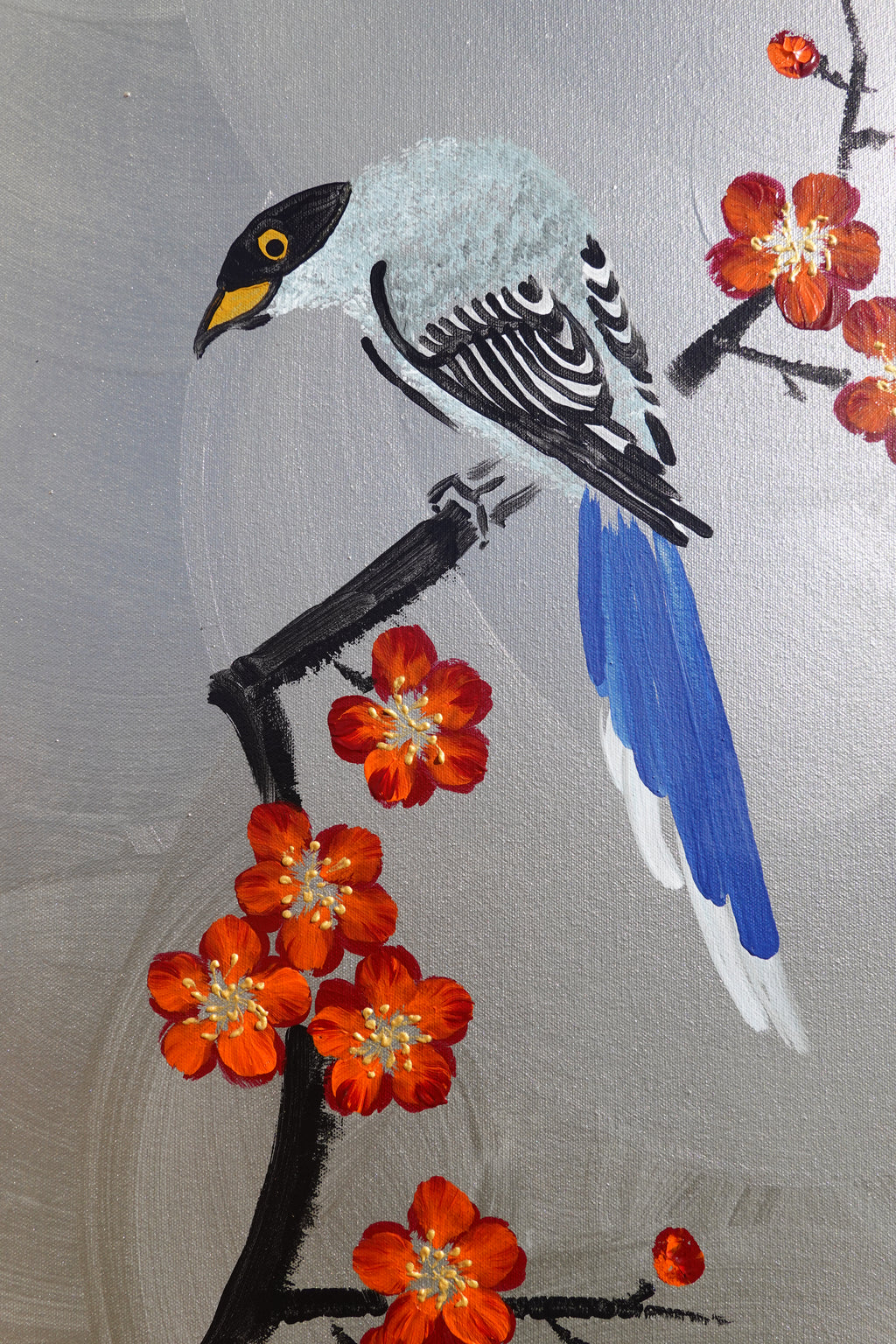 Bird, cat and orange Sakura J466 is a large-scale Japanese-inspired silver vertical Original Acrylic Painting on unstretched canvas by artist Ksavera.