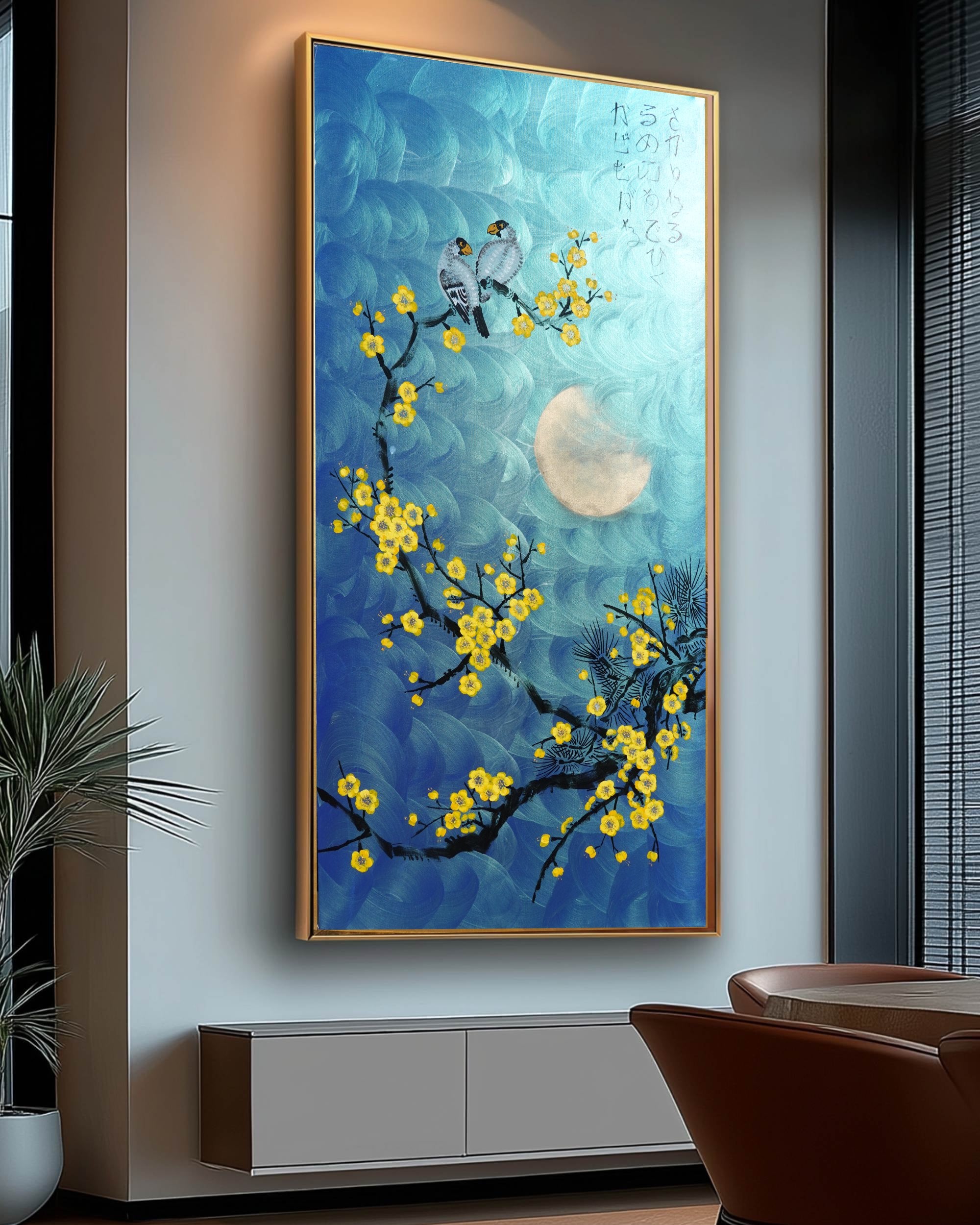 Love Birds and yellow Sakura J468 is a large Japanese blue pearlescent vertical Original Acrylic Painting on unstretched canvas by artist Ksavera
